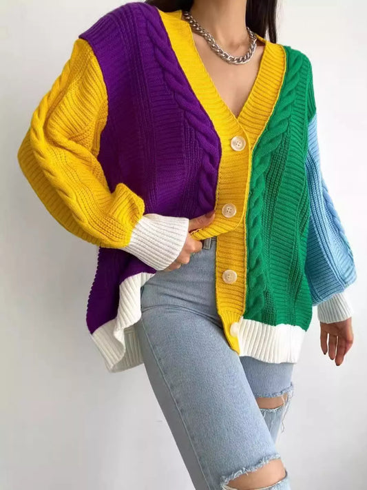 Color Block Button Down Cable-Knit Cardigan – Cozy Knit Layer featuring vibrant colors and a cozy design.