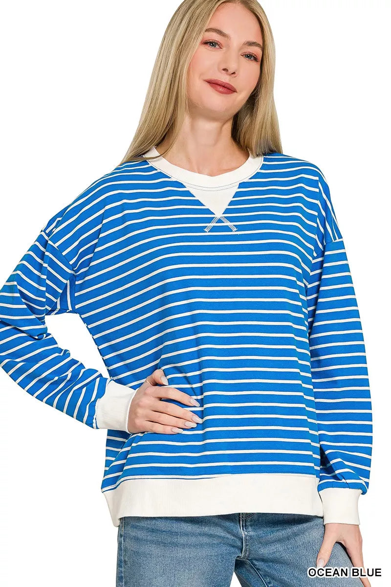 Zenana Contrast Striped Round Neck Sweatshirt for Women in ocean blue with white stripes and long sleeves.