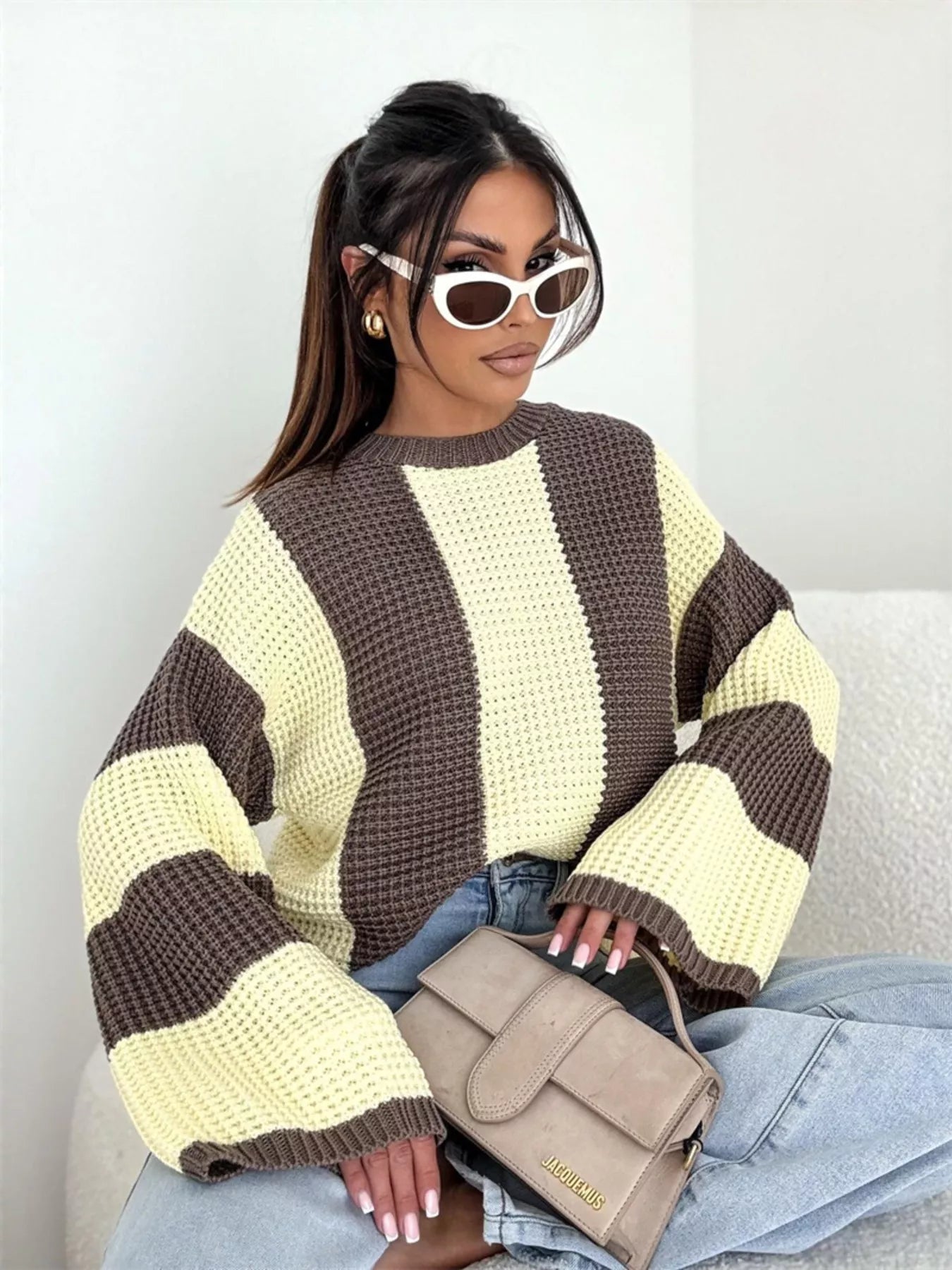 Color Block Long Sleeve Sweater in yellow and brown, oversized cozy knit style worn with jeans and a handbag.