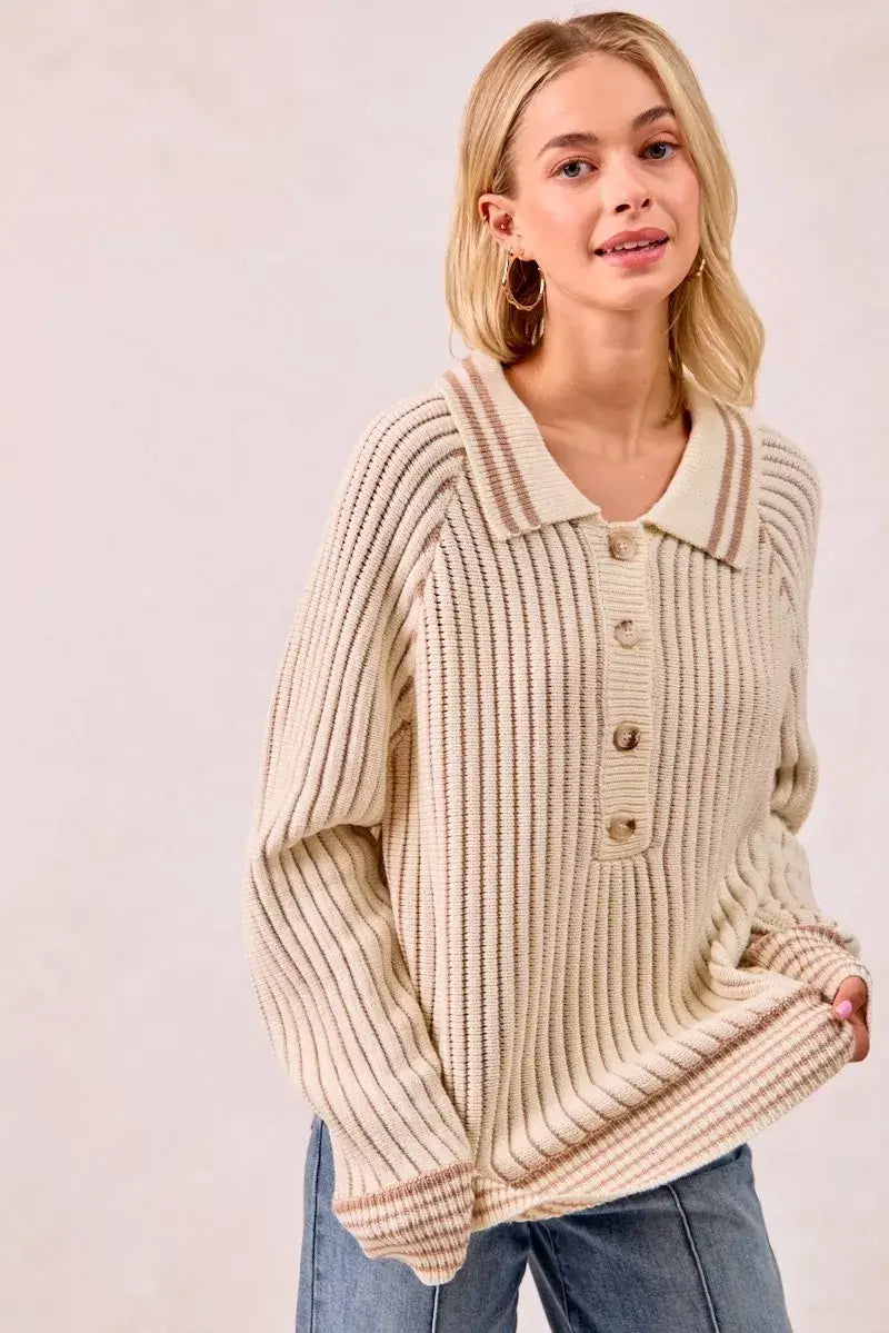 BiBi half button ribbed two tone sweater in beige with ribbed knit design and button-front detail, casual chic style.