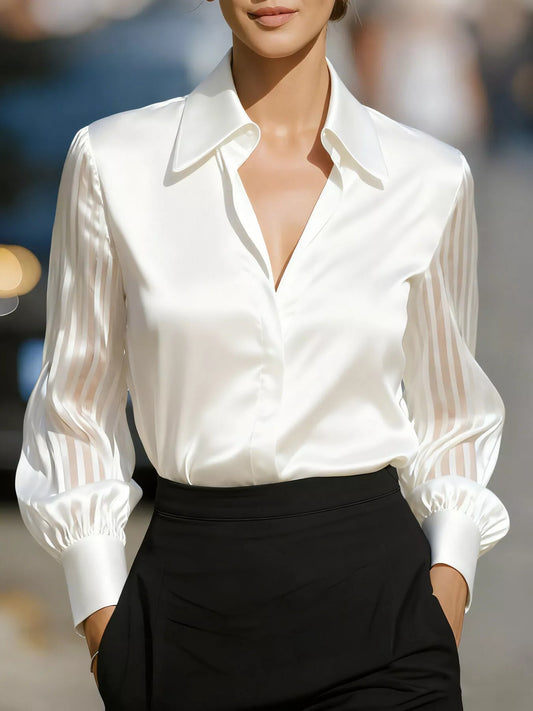 Striped Sheer Long Sleeve Shirt in white with buttoned front and elegant sheer sleeves.