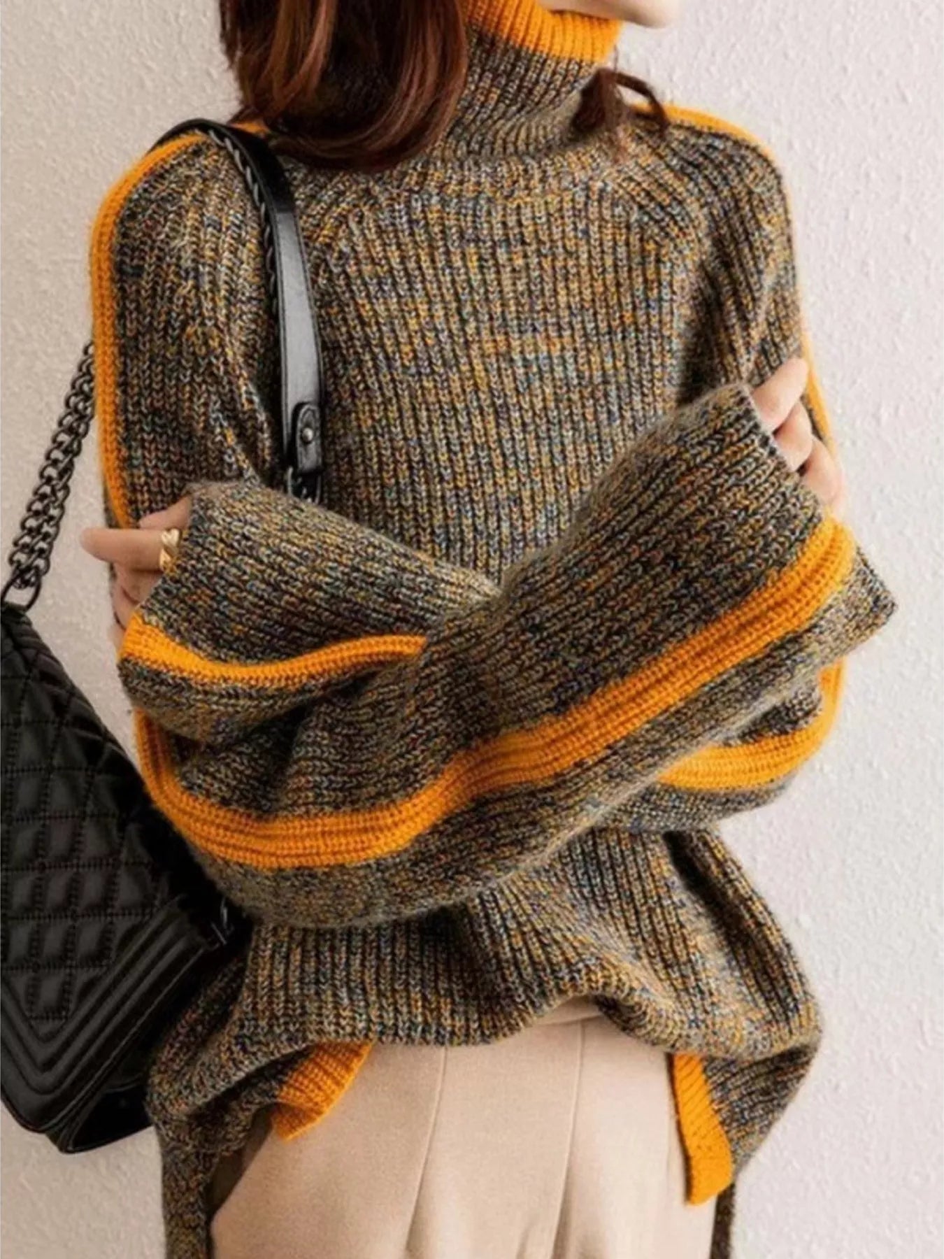 Contrast Trim Turtleneck Long Sleeve Sweater in textured knit with orange trim and oversized sleeves, perfect for chic warm looks.