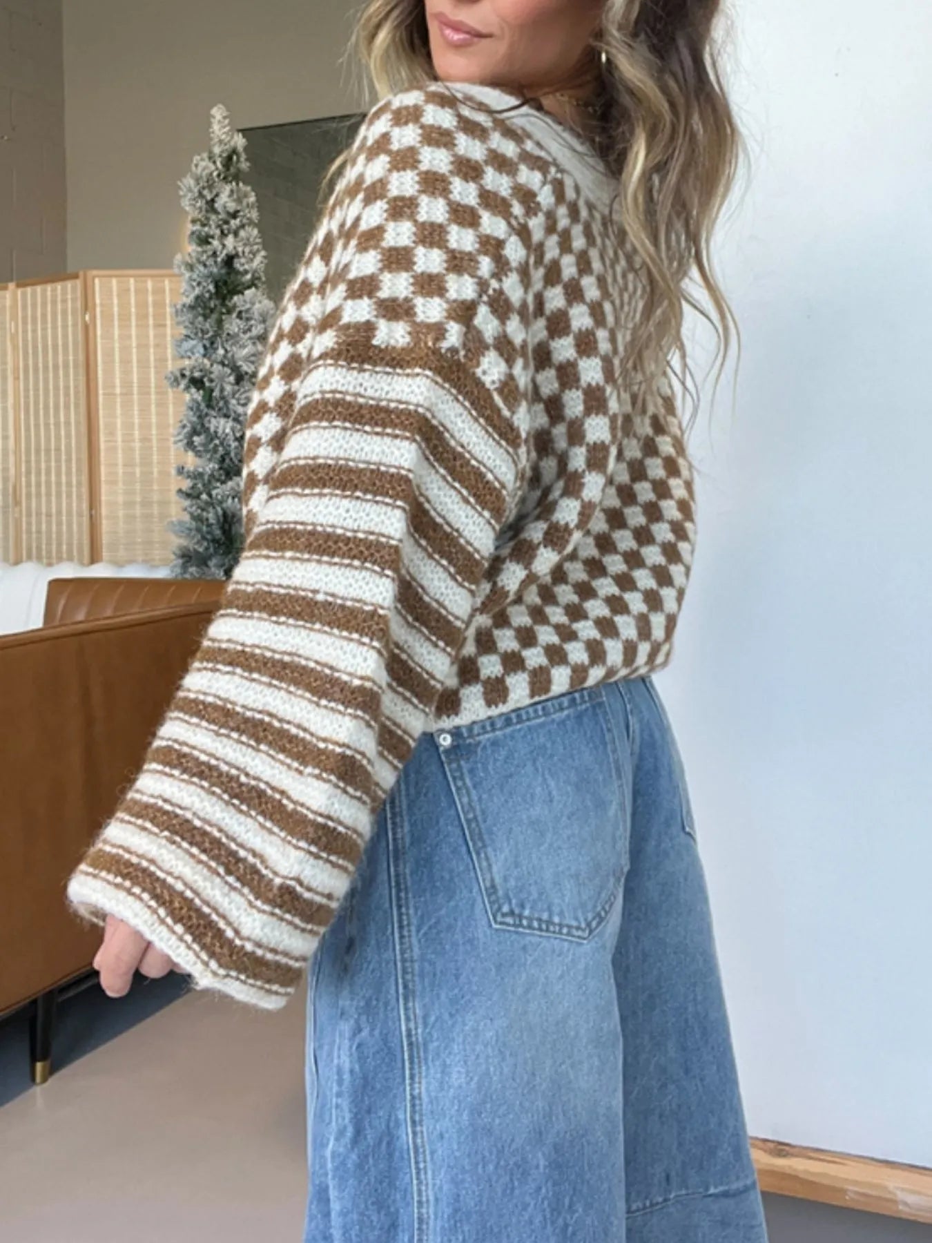 Checkered and Striped Pattern Button-Front Cropped Cardigan displayed with a stylish background and casual outfit.