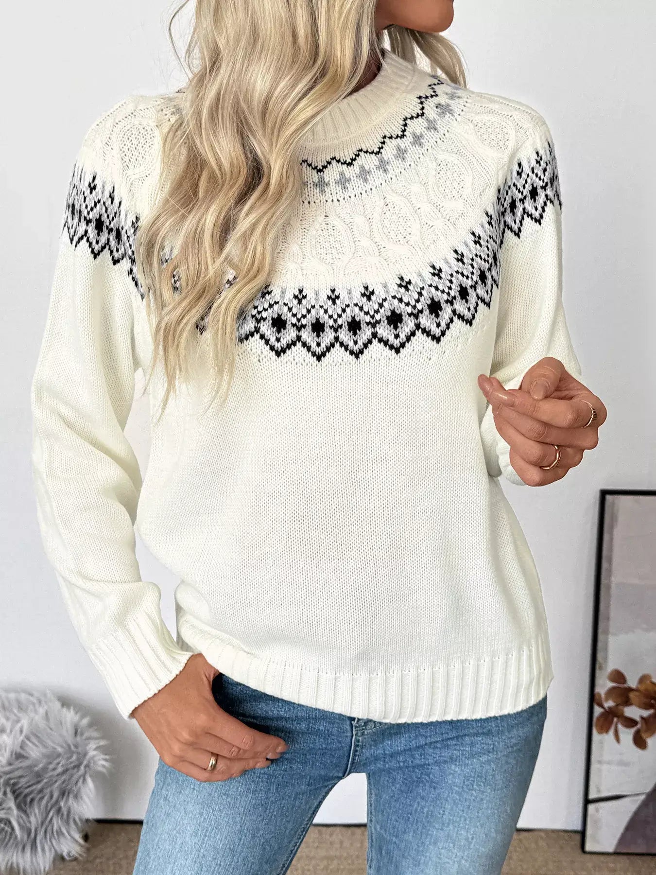 Fair Isle Pattern Crew Neck Sweater in white, featuring classic Fair Isle design for cozy winter style.