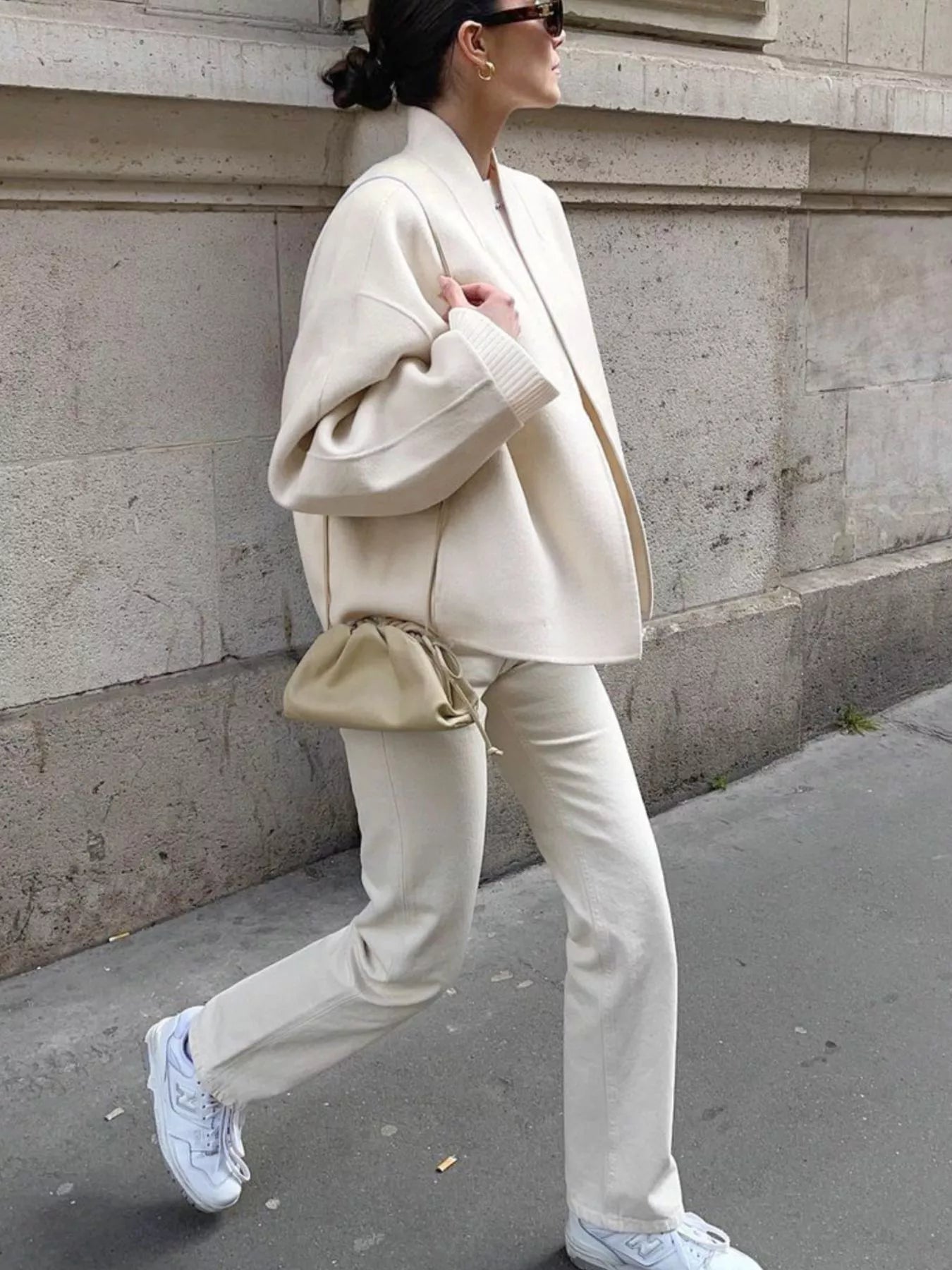 Open Front Dropped Shoulder Outerwear for Women in cream color, featuring relaxed fit and stylish design, perfect for casual outings.