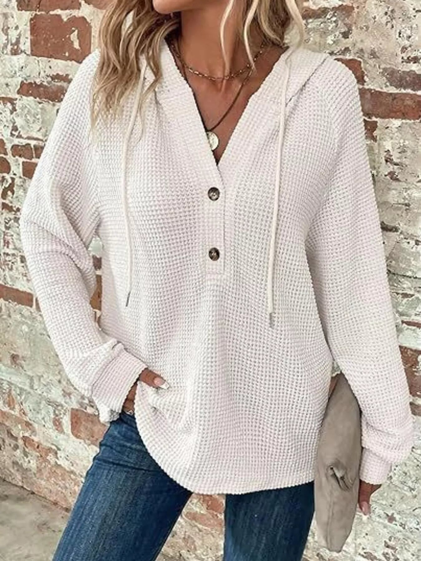 Full Size Button Detail Waffle Knit Hoodie Plus Size in soft fabric, featuring button detail and hood for casual comfort.