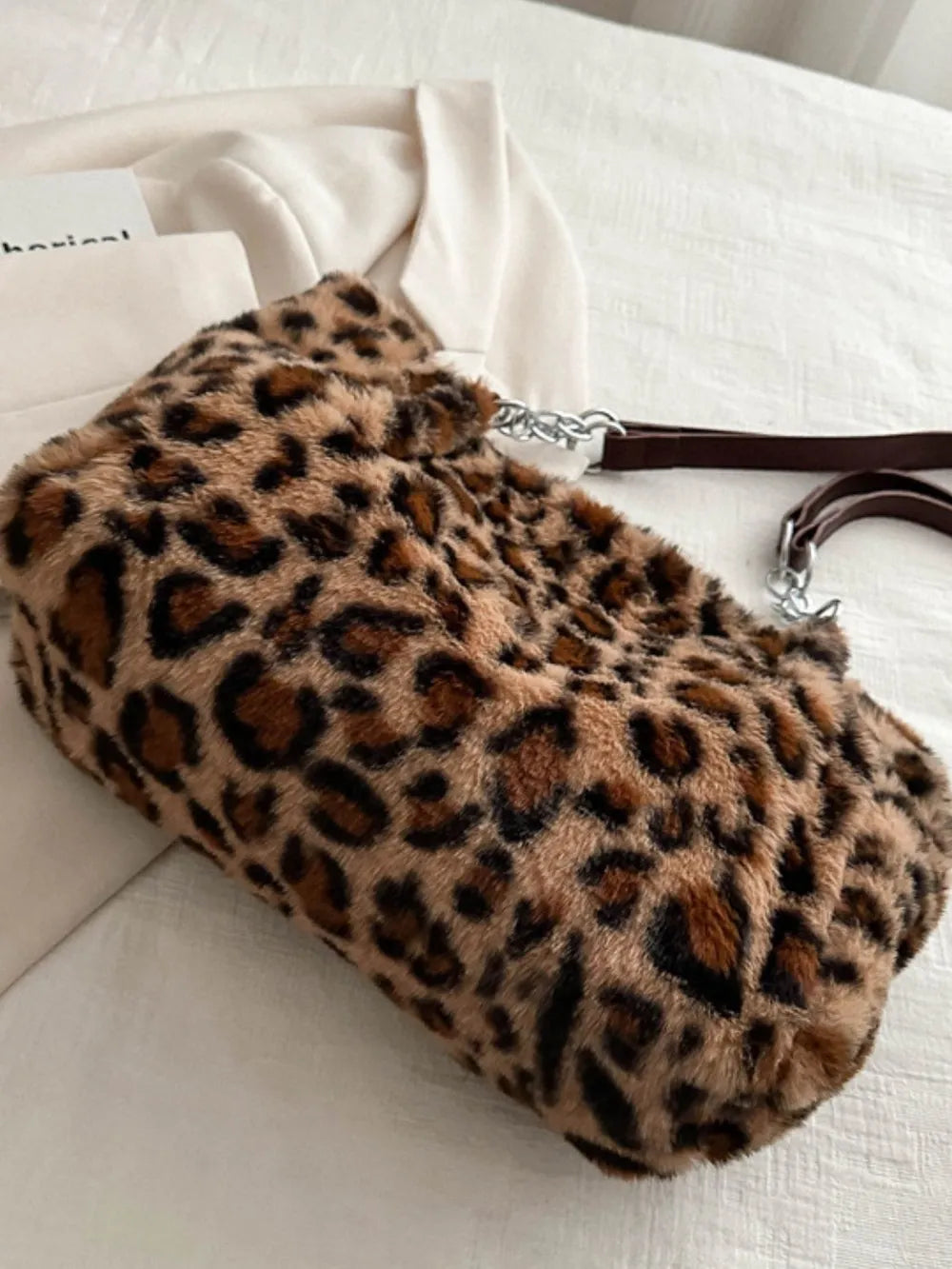 Faux Fur Leopard Shoulder Bag showcasing bold leopard print design, large size, made from faux fur and polyester.