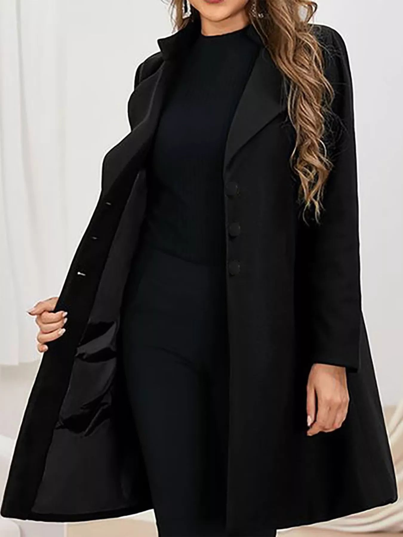 Full Size Single Breasted Long Sleeve Overcoat for Women in black with buttoned front and lined interior.