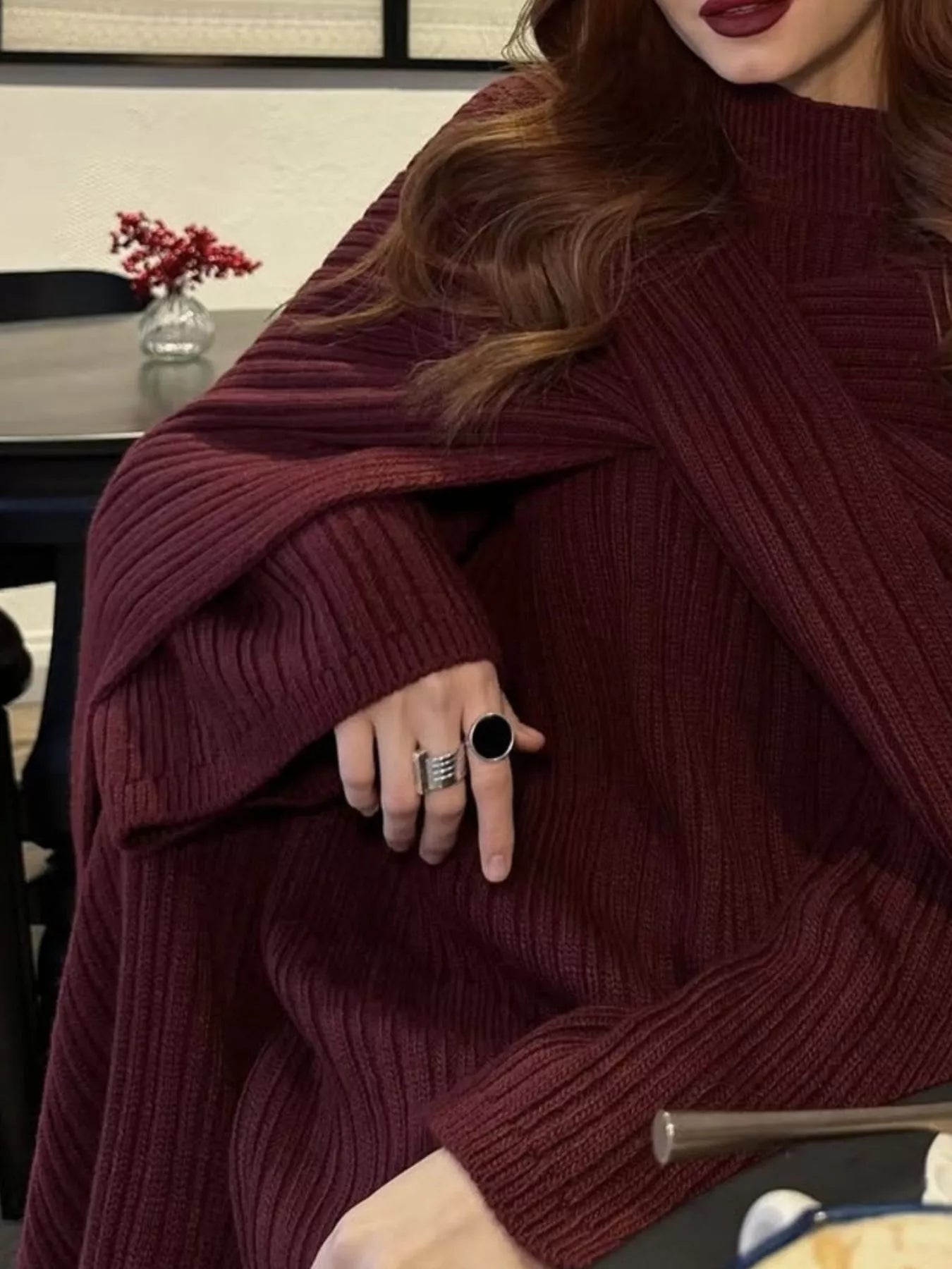 Model wearing 3 Piece Ribbed Sweater and Wide Leg Pants Set, showcasing the knit texture and stylish accessories.