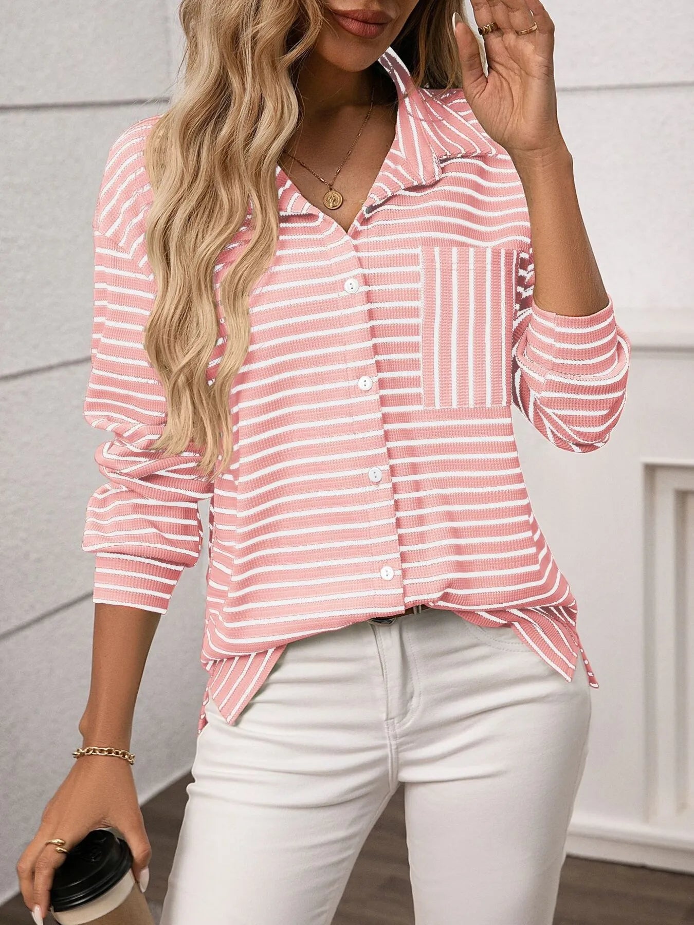 Striped Button Up Long Sleeve Shirt for Everyday Wear, featuring a pink and white striped design with a pocket.