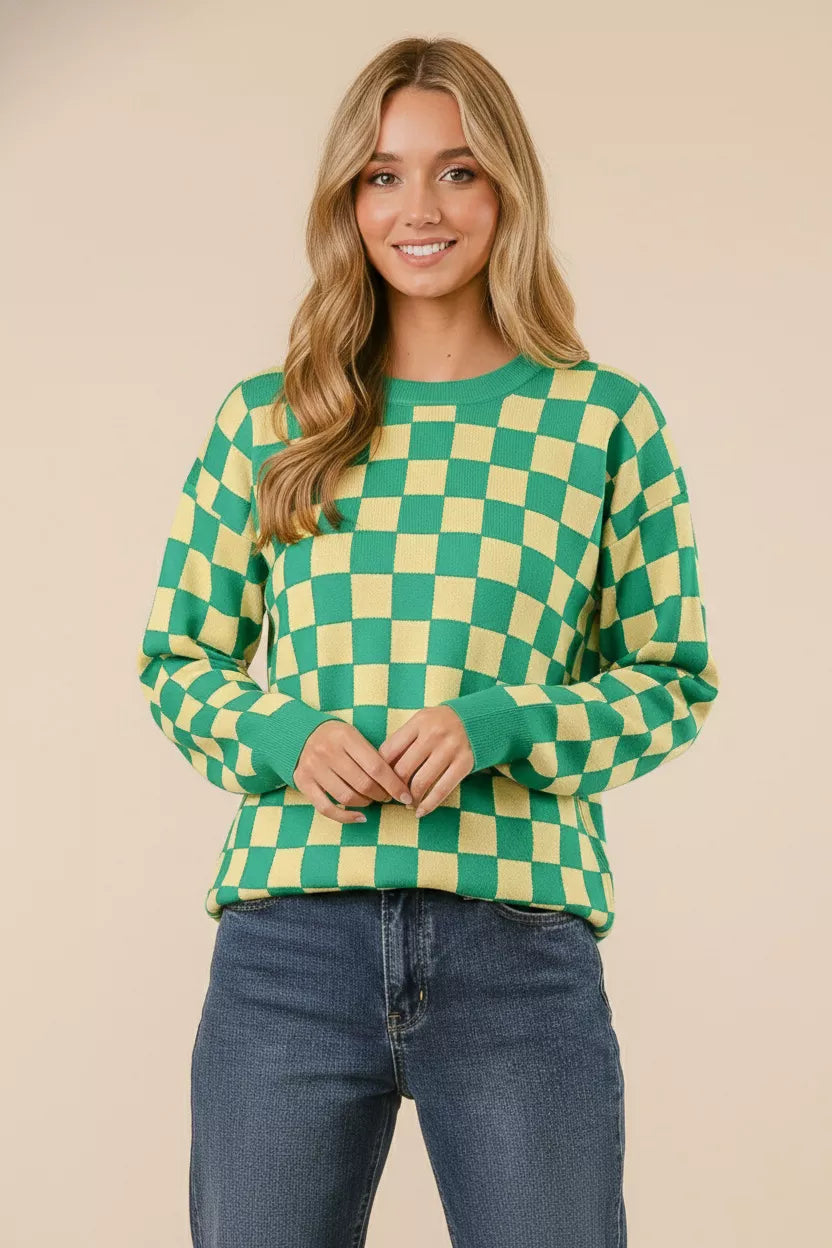BiBi Checkered Pattern Sweater in green and yellow, showcasing cozy knit design perfect for everyday style.