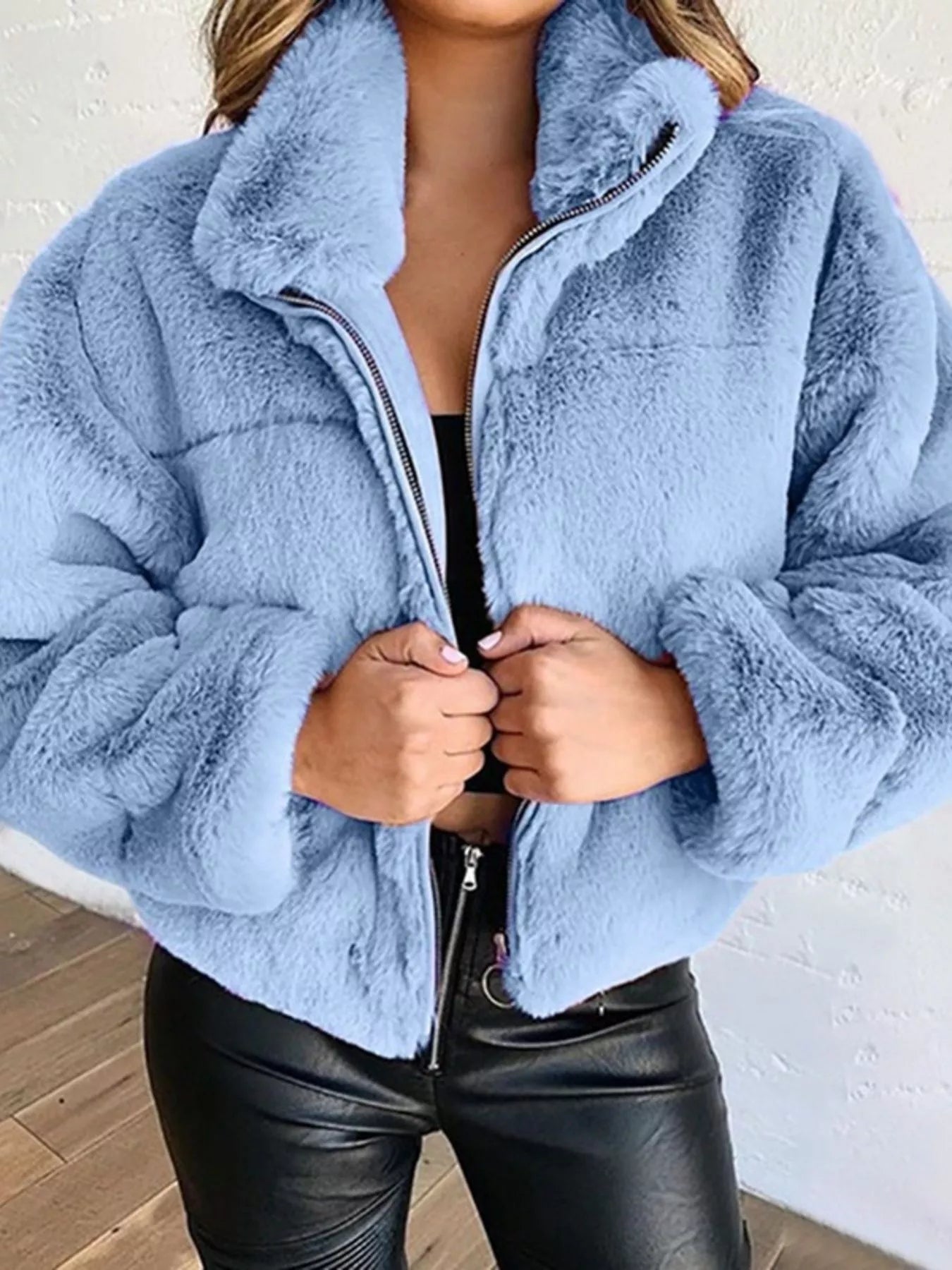 Faux Fur Cropped Zip-Up Jacket in light blue, oversized and cozy for cold-season style