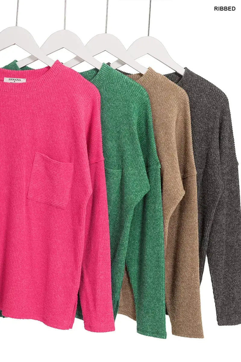 Zenana Ribbed Brushed Melange Hacci Sweater in pink, green, brown, and gray displayed on hangers.