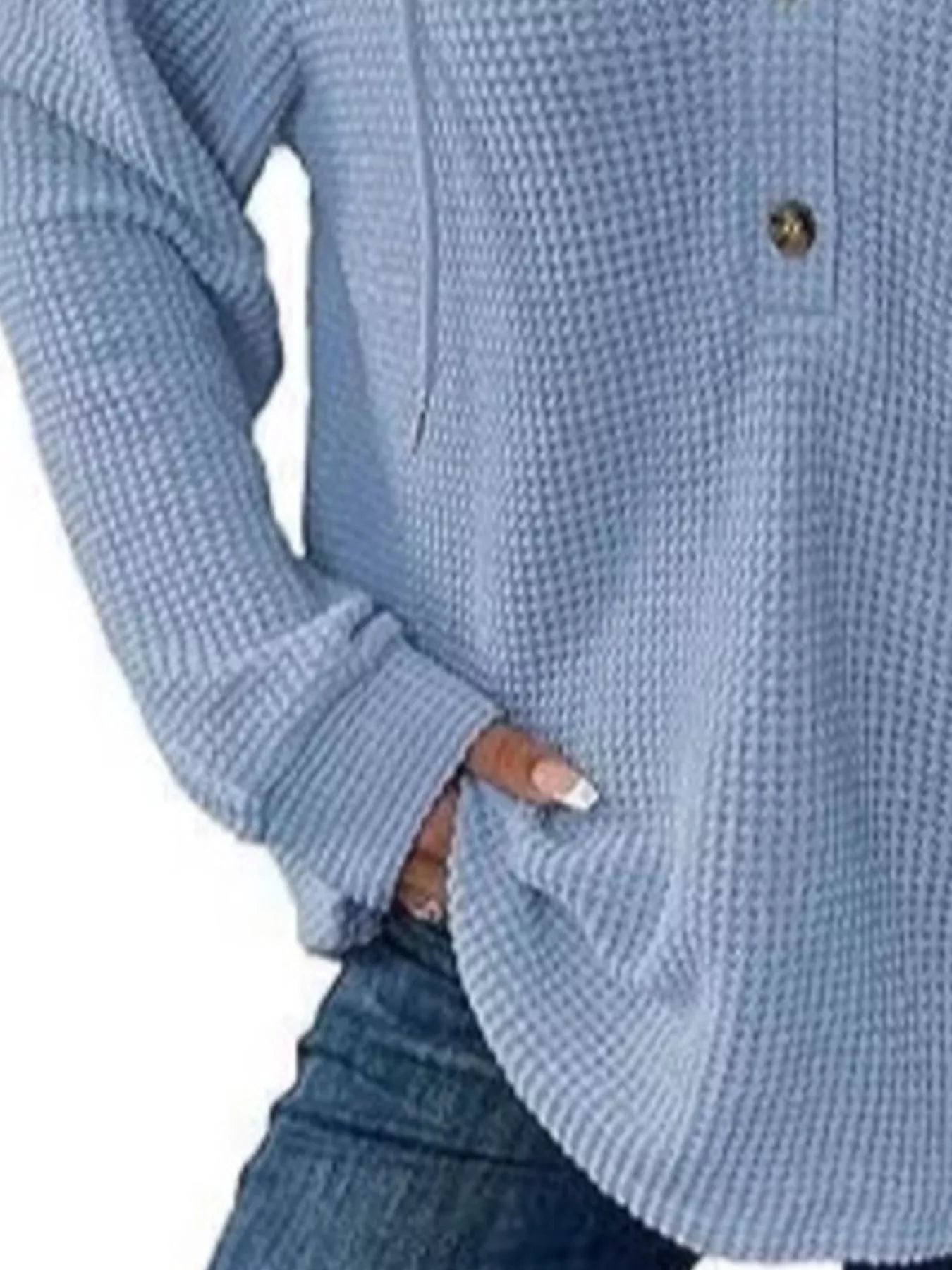 Full Size Button Detail Waffle Knit Hoodie Plus Size in light blue color with button detail and cozy fit.