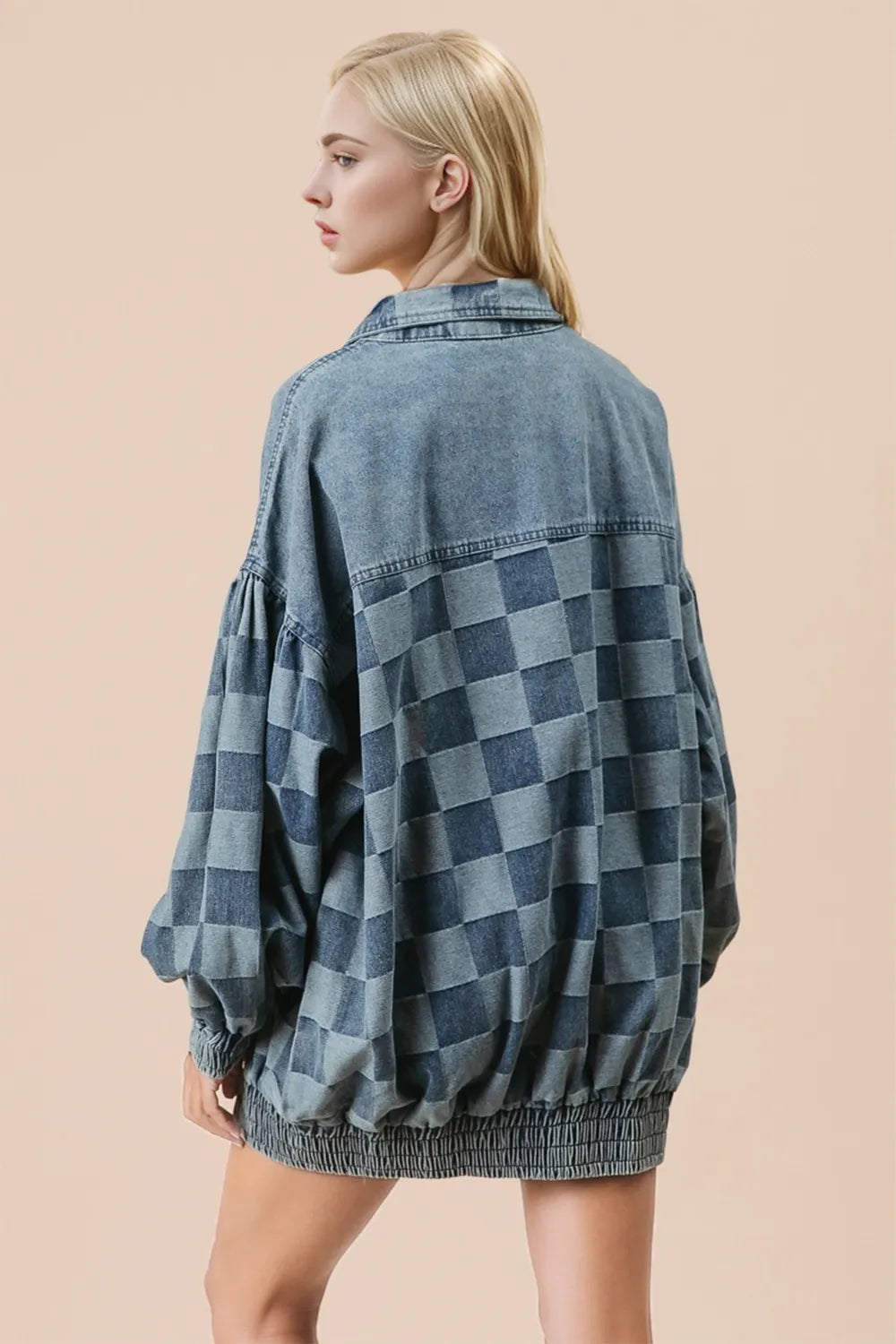 Double Take Checkered Button Up Denim Jacket featuring a relaxed fit and slightly stretchy denim fabric.