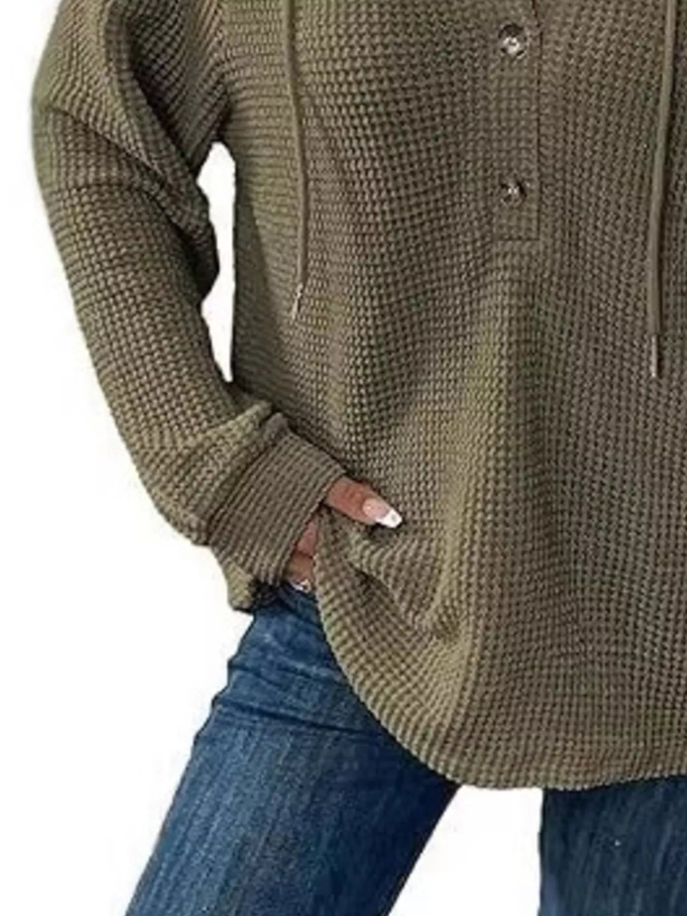 Full Size Button Detail Waffle Knit Hoodie Plus Size in green color, styled with jeans and relaxed fit for comfort.