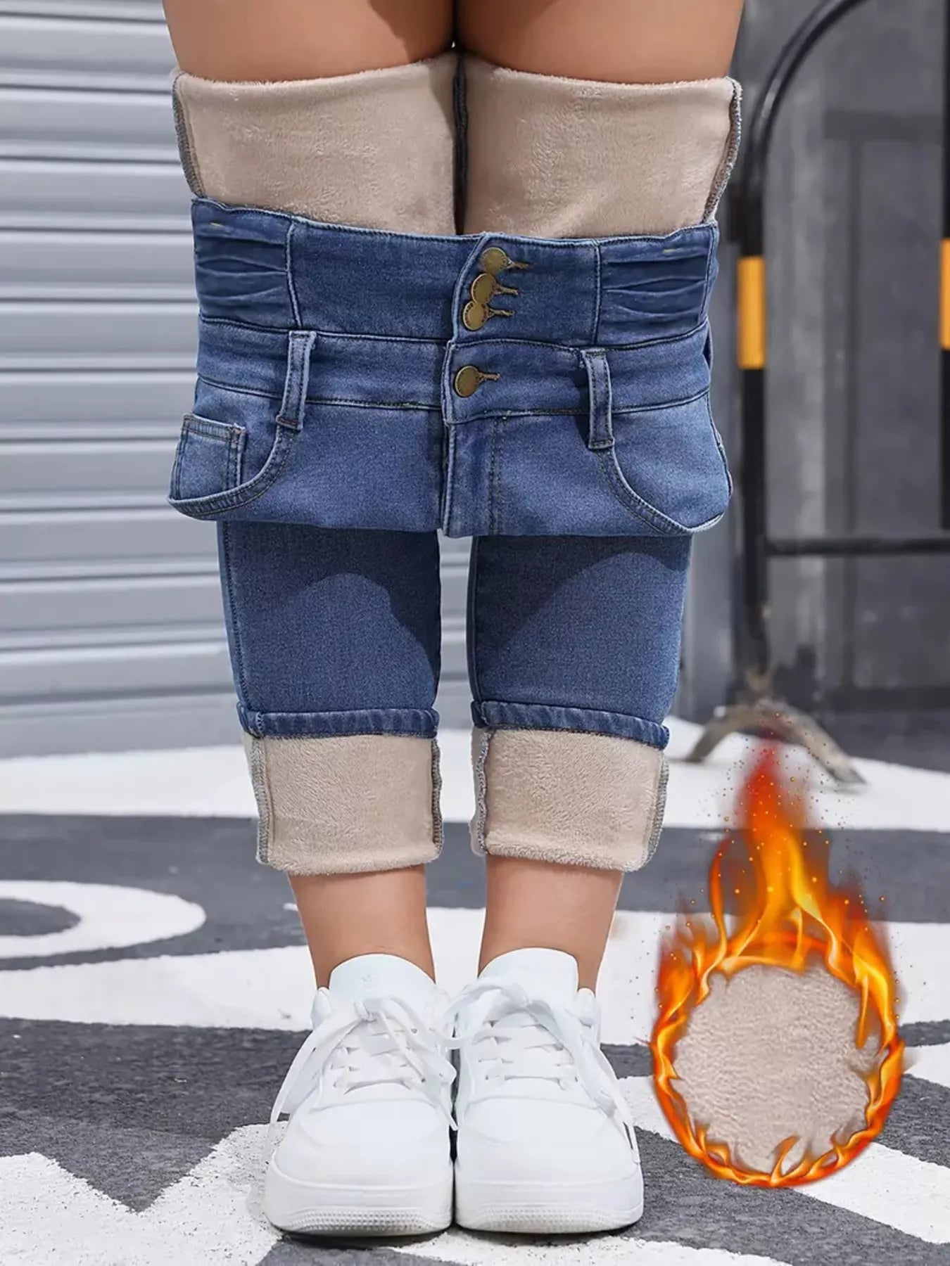 High-Waisted Slim Fit Fleece-Lined Jeans showcasing a stylish and cozy design, perfect for winter fashion.