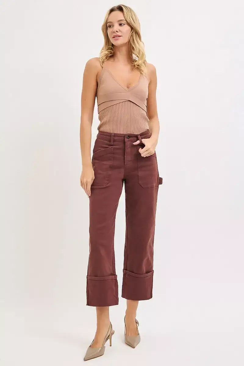 Model wearing RISEN High Rise Wide Straight Cuffed Jeans in a chic outfit, showcasing trendy style and comfort.