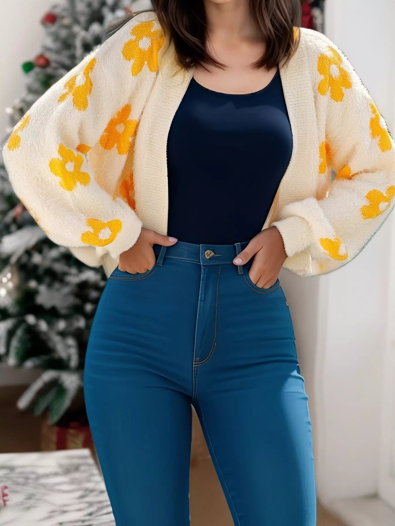 Floral Open Front Cardigan for Women Everyday Style with yellow flowers and cozy fit