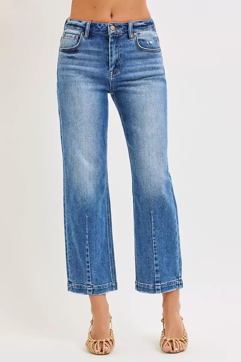 Pair of RISEN High Rise Crop Boyfriend Tapered Jeans featuring a cropped length and tapered leg for modern style.