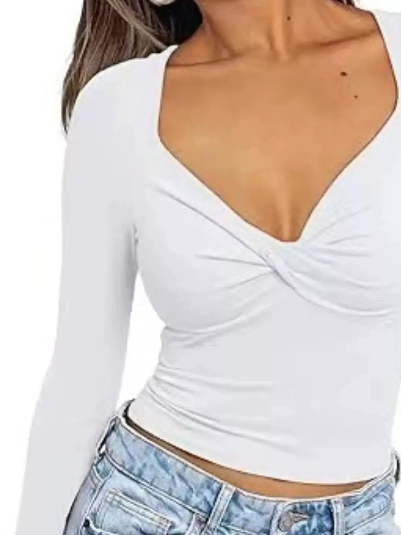 Twist Front Long Sleeve Fitted T-Shirt in white, featuring a stylish twist design and fitted silhouette.