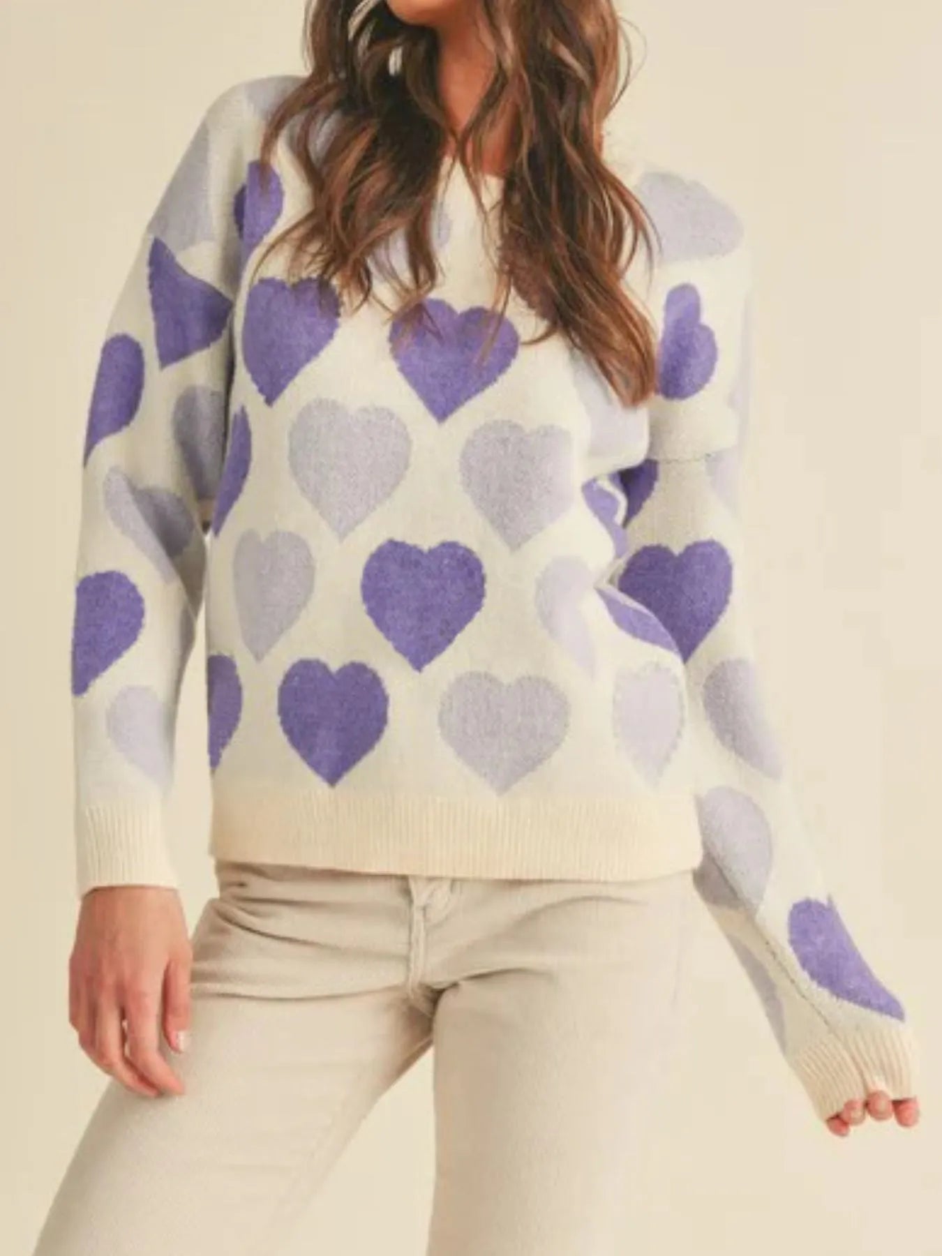 Heart Ribbed Hem Long Sleeve Sweater featuring purple heart patterns for everyday style.