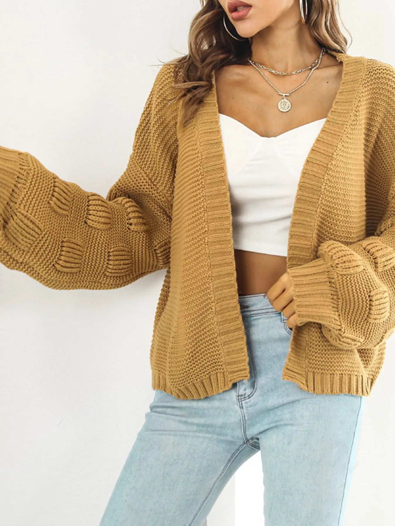 Chunky Knit Open Front Cardigan in mustard color featuring ribbed details and slightly stretchy design.