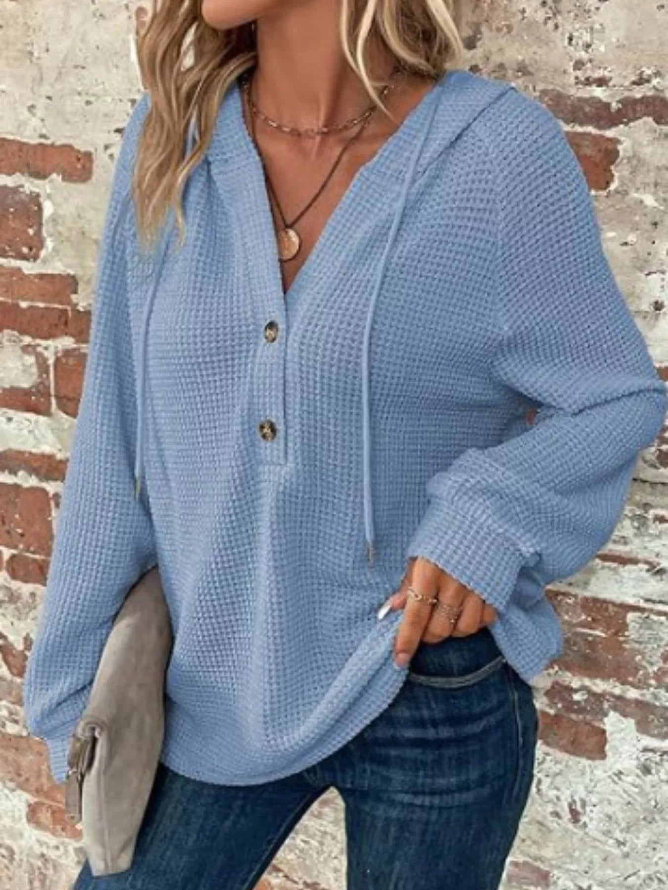 Full Size Button Detail Waffle Knit Hoodie Plus Size in light blue, featuring button details and a comfortable hood.
