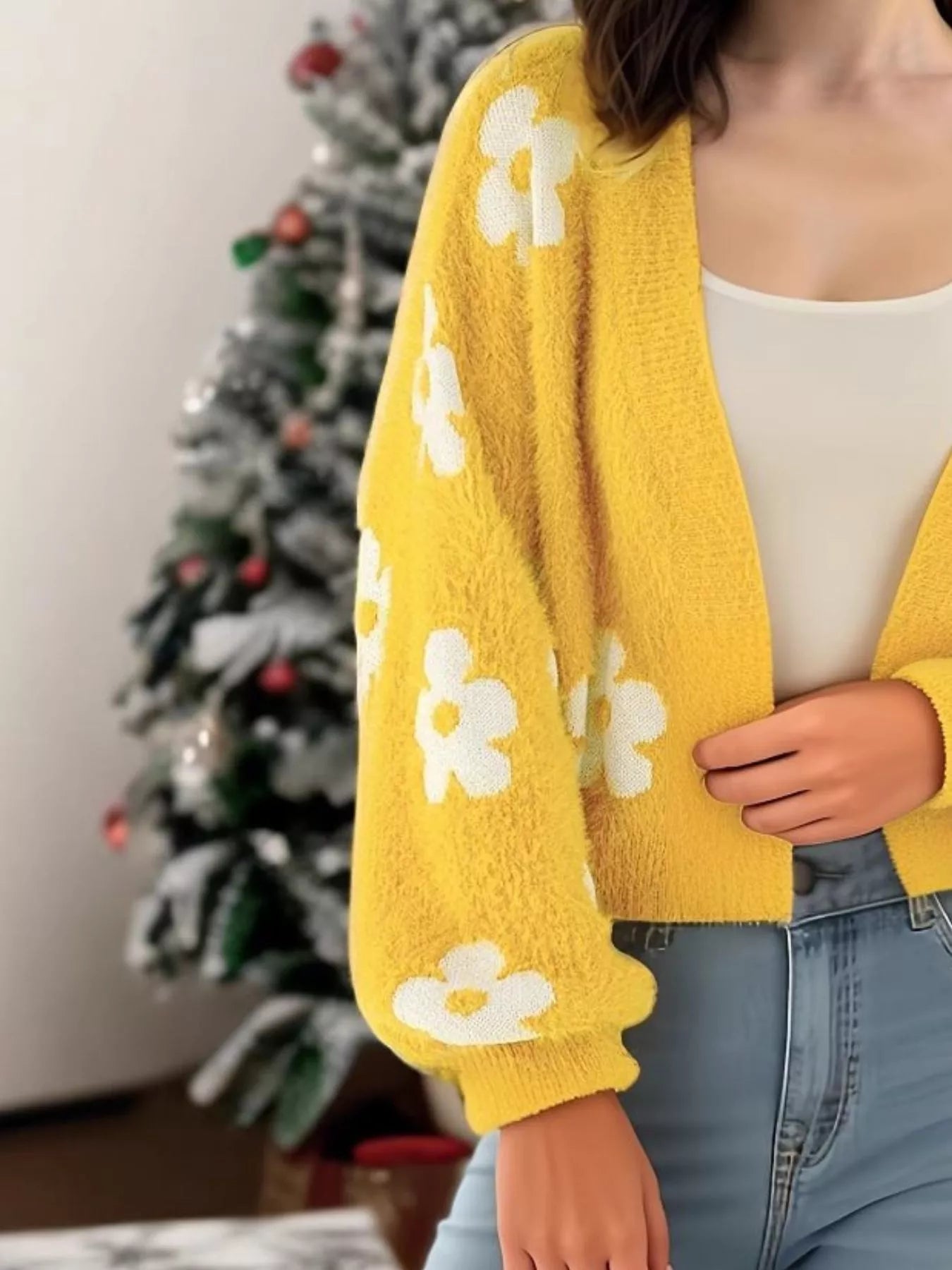 Floral Open Front Cardigan for Women in yellow with white flowers, perfect for everyday style, displayed against a festive background.