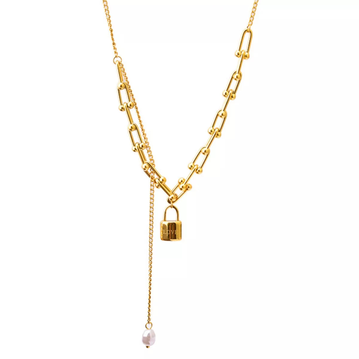 18K Gold-Plated Lock Pendant Necklace featuring a unique lock design and a synthetic pearl detail for elegant everyday style.