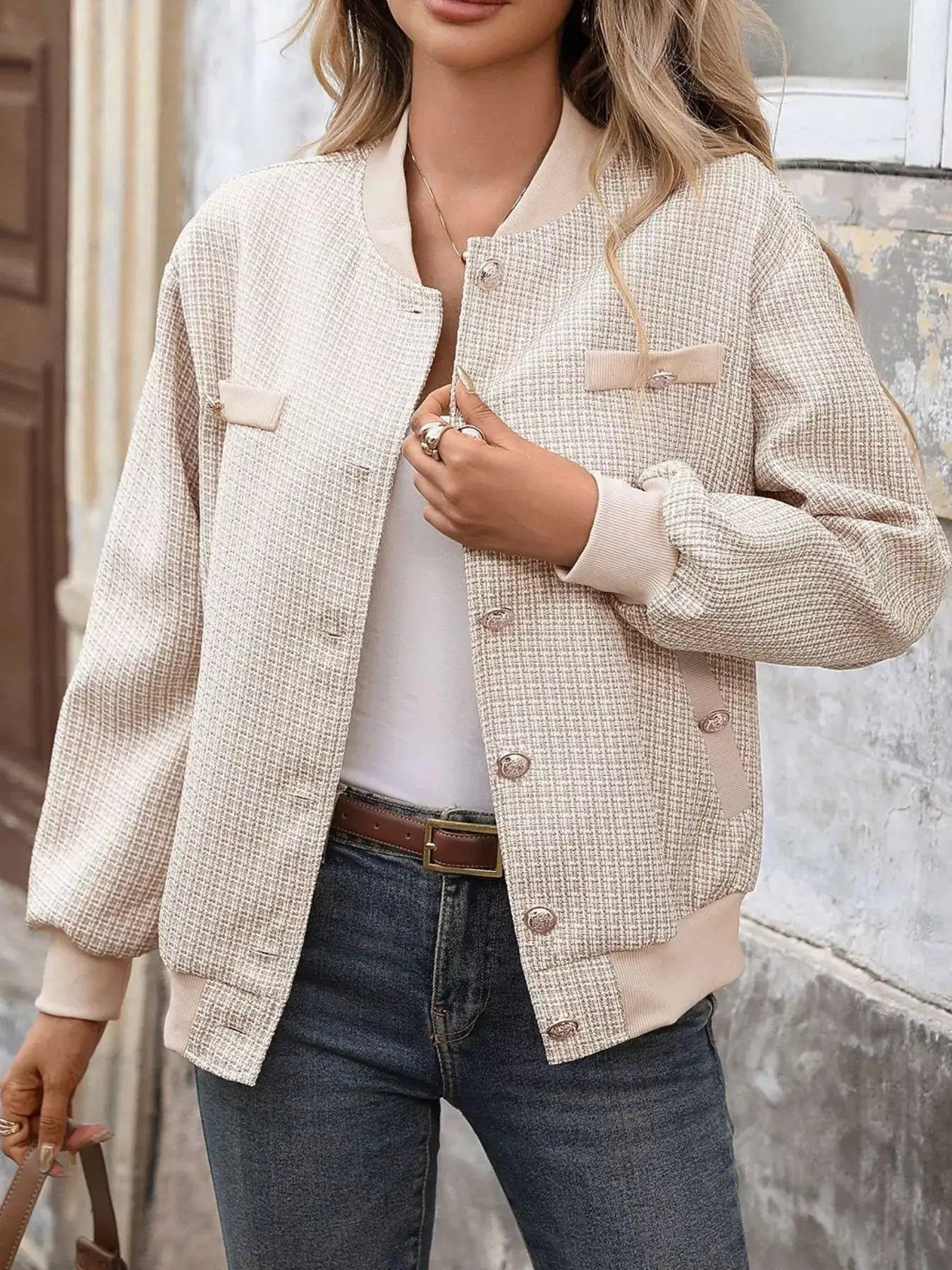Button Up Long Sleeve Jacket with Pockets for Women, stylish and functional outerwear in neutral tones.