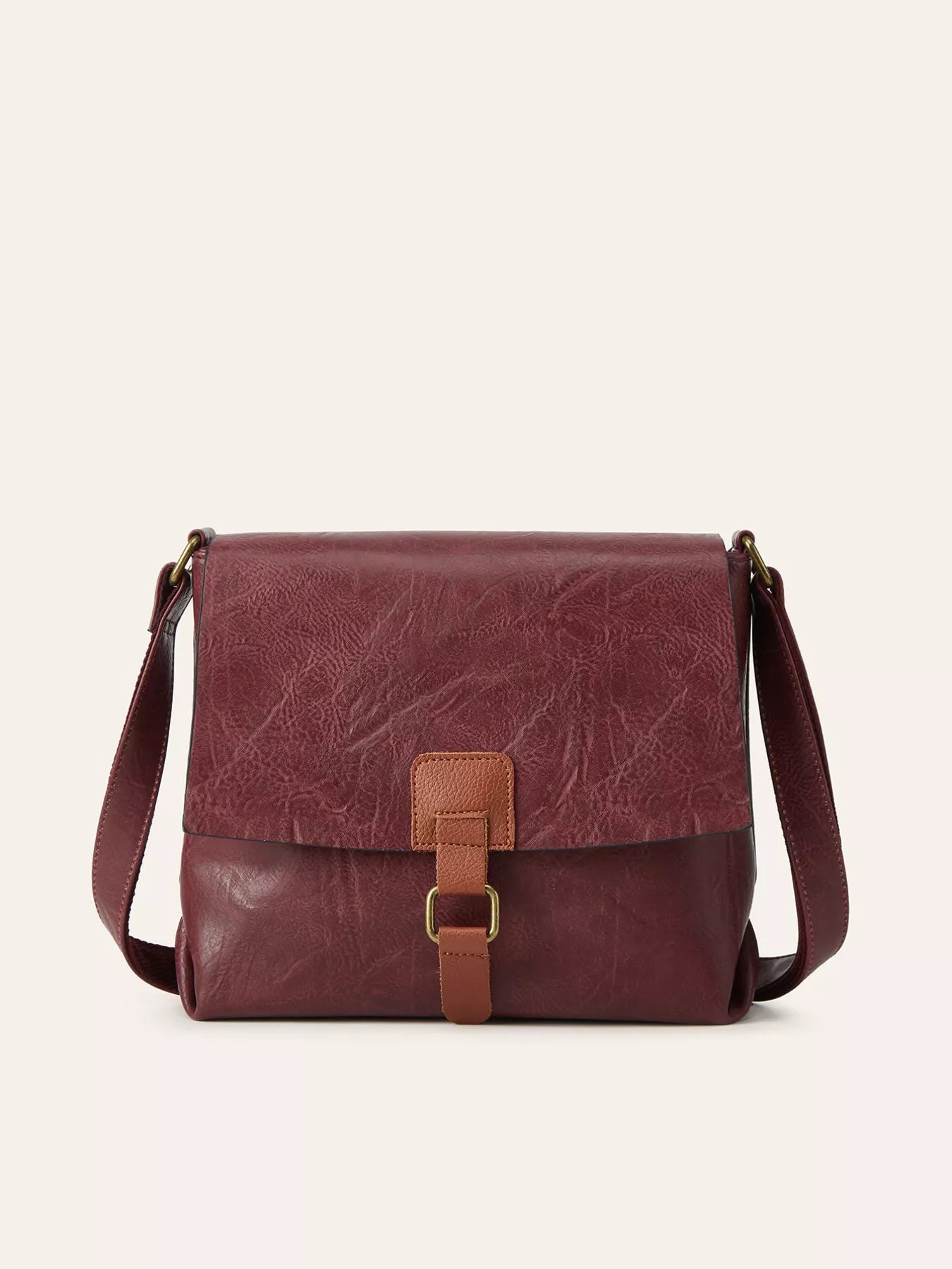 Vintage Buckle Flap Crossbody Bag in burgundy PU leather with a brown buckle detail.