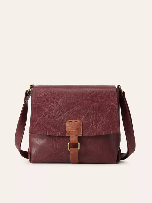 Vintage Buckle Flap Crossbody Bag in burgundy PU leather with a brown buckle detail.