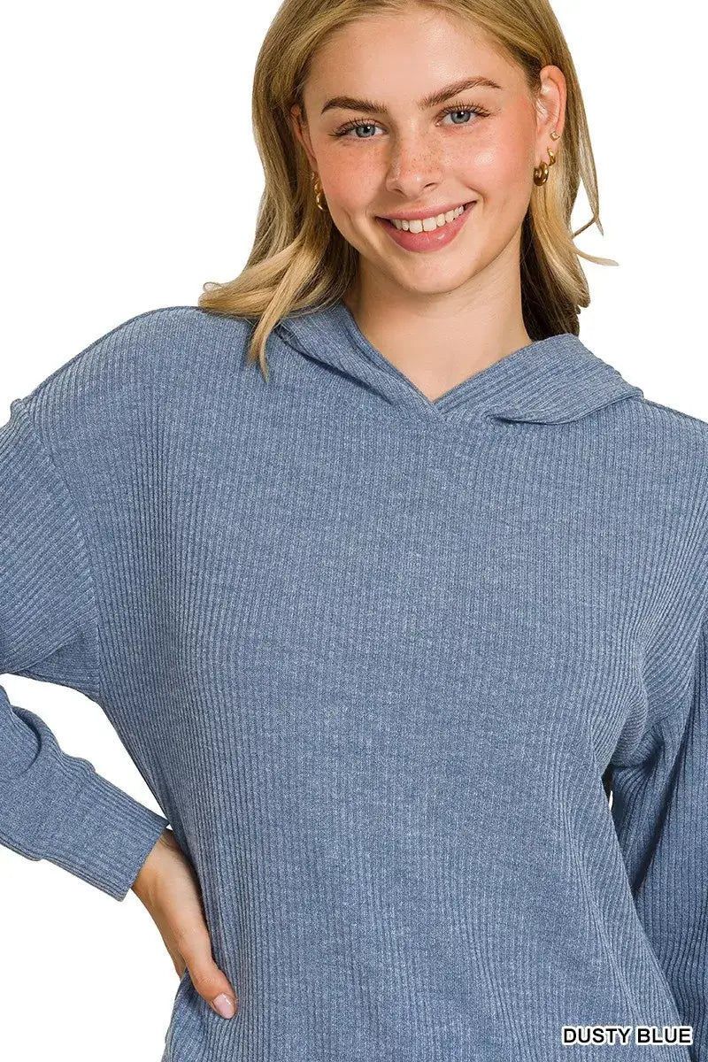 Zenana Ribbed Long Sleeve Hoodie in dusty blue with ribbed texture and cozy hood, perfect for casual wear.