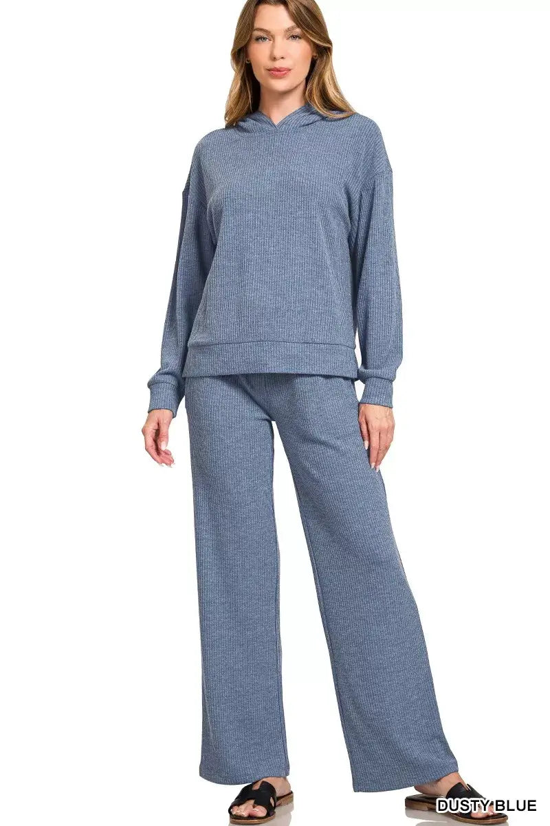 Zenana Ribbed Long Sleeve Hoodie in dusty blue, featuring a relaxed fit and ribbed texture for casual style.
