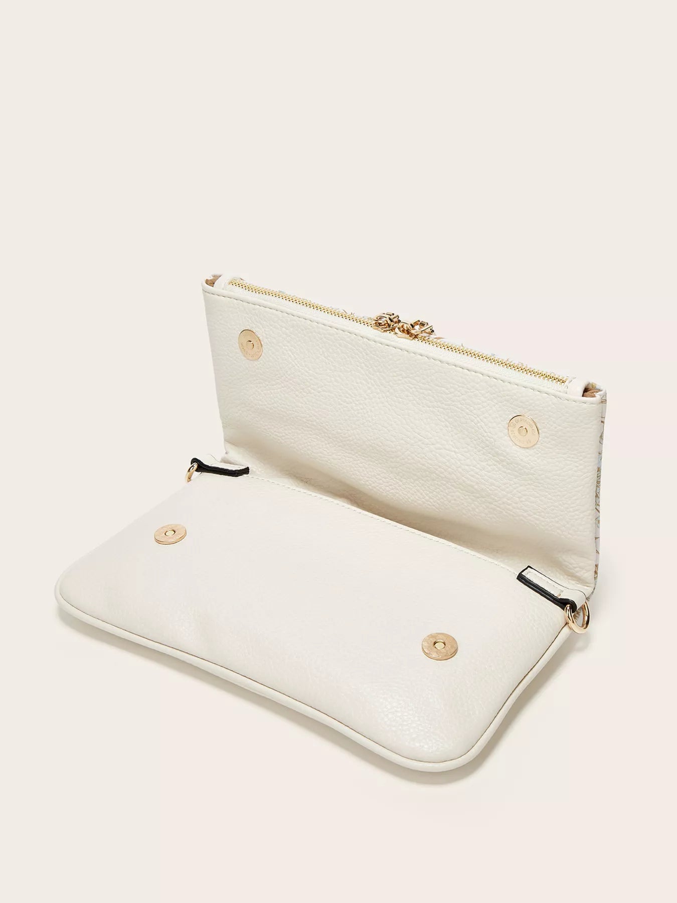 Floral Chain Shoulder Bag open view showing interior design in white PU leather with gold accents.