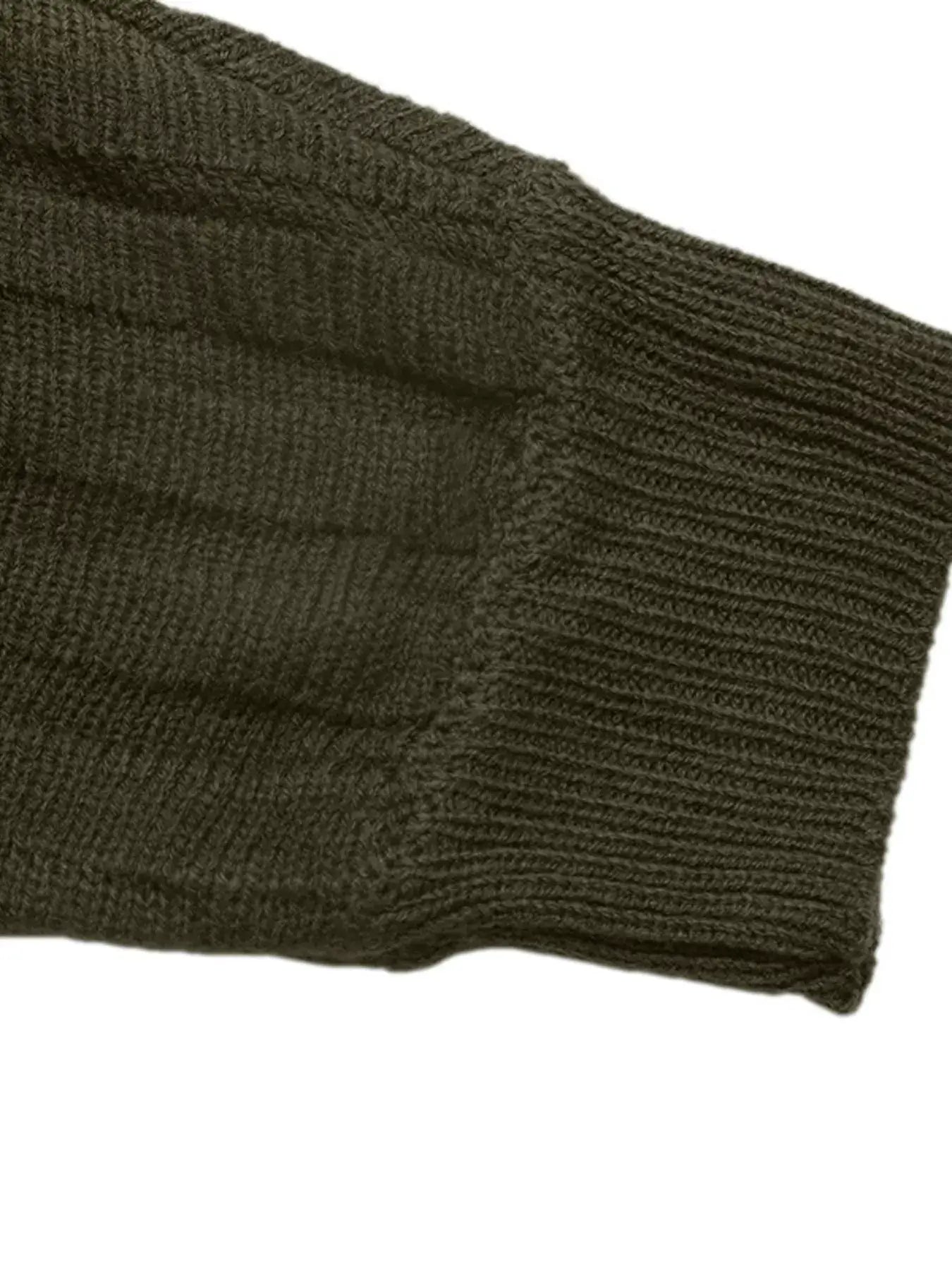 Close-up of the ribbed sleeve of the Boat Neck Ribbed Long Sleeve Sweater in a dark olive color.