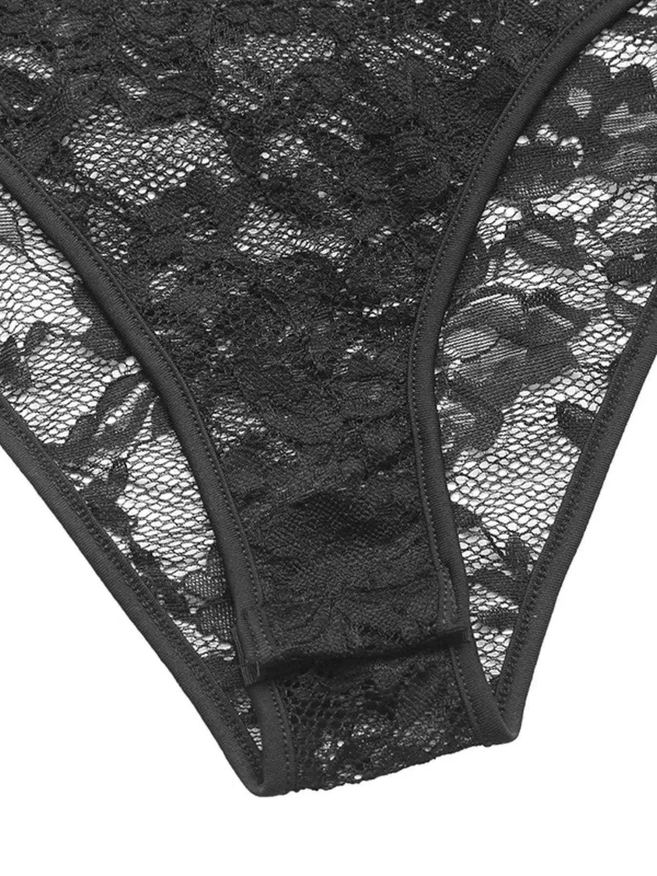 Lace long sleeve v-neck bodysuit in black lace fabric, featuring intricate floral patterns and sheer details.