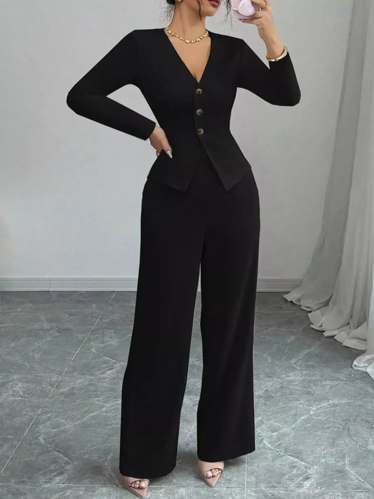 Button Up Long Sleeve Top and Pants Set styled for chic everyday wear, featuring a black button-up top and wide-leg pants.