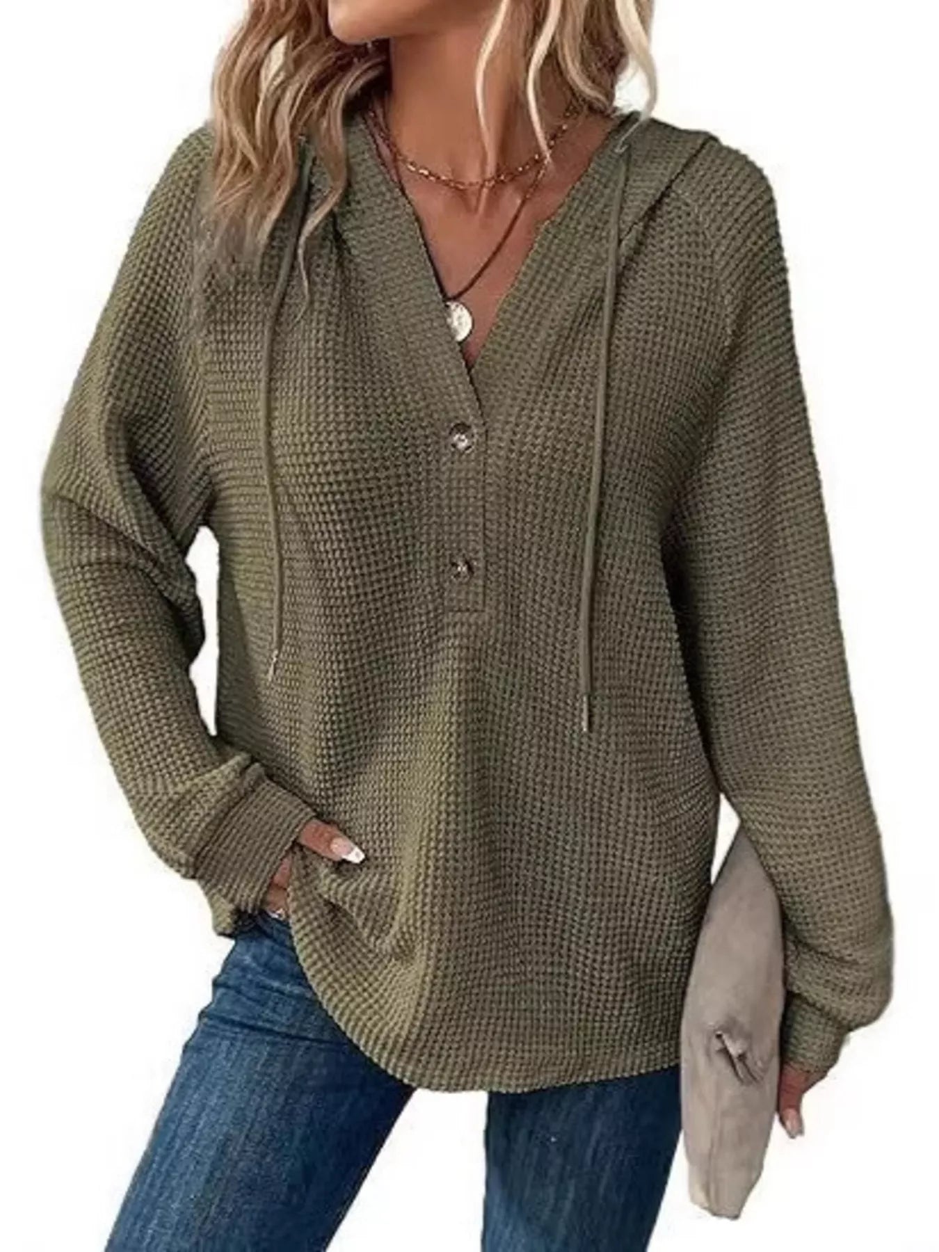 Full Size Button Detail Waffle Knit Hoodie Plus Size in olive green worn with jeans.