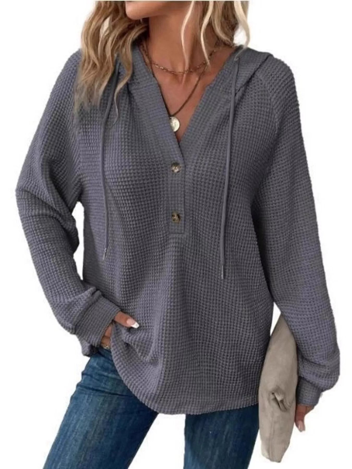 Full Size Button Detail Waffle Knit Hoodie Plus Size in gray worn with jeans, featuring a cozy waffle texture and button details.