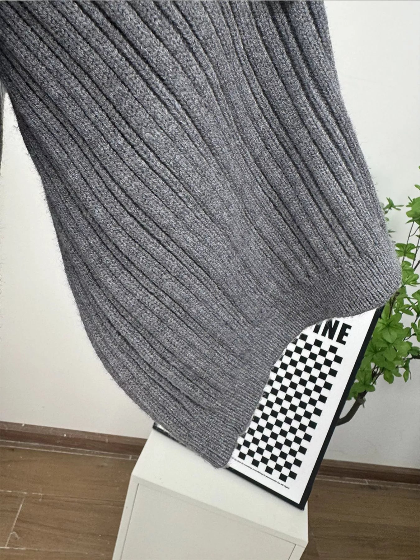 3 Piece Ribbed Sweater and Wide Leg Pants Set with Scarf close-up of ribbed sweater texture in gray color.