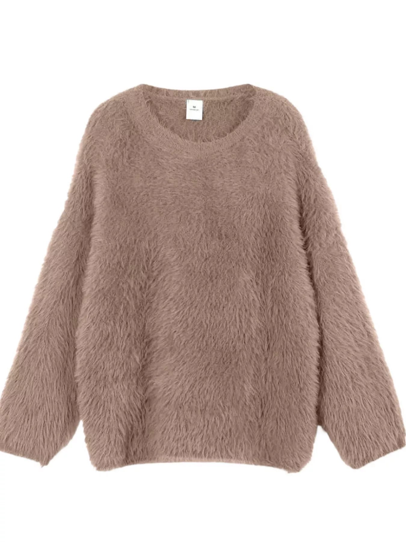 Fuzzy Round Neck Long Sleeve Sweater cozy women’s pullover in soft beige texture.