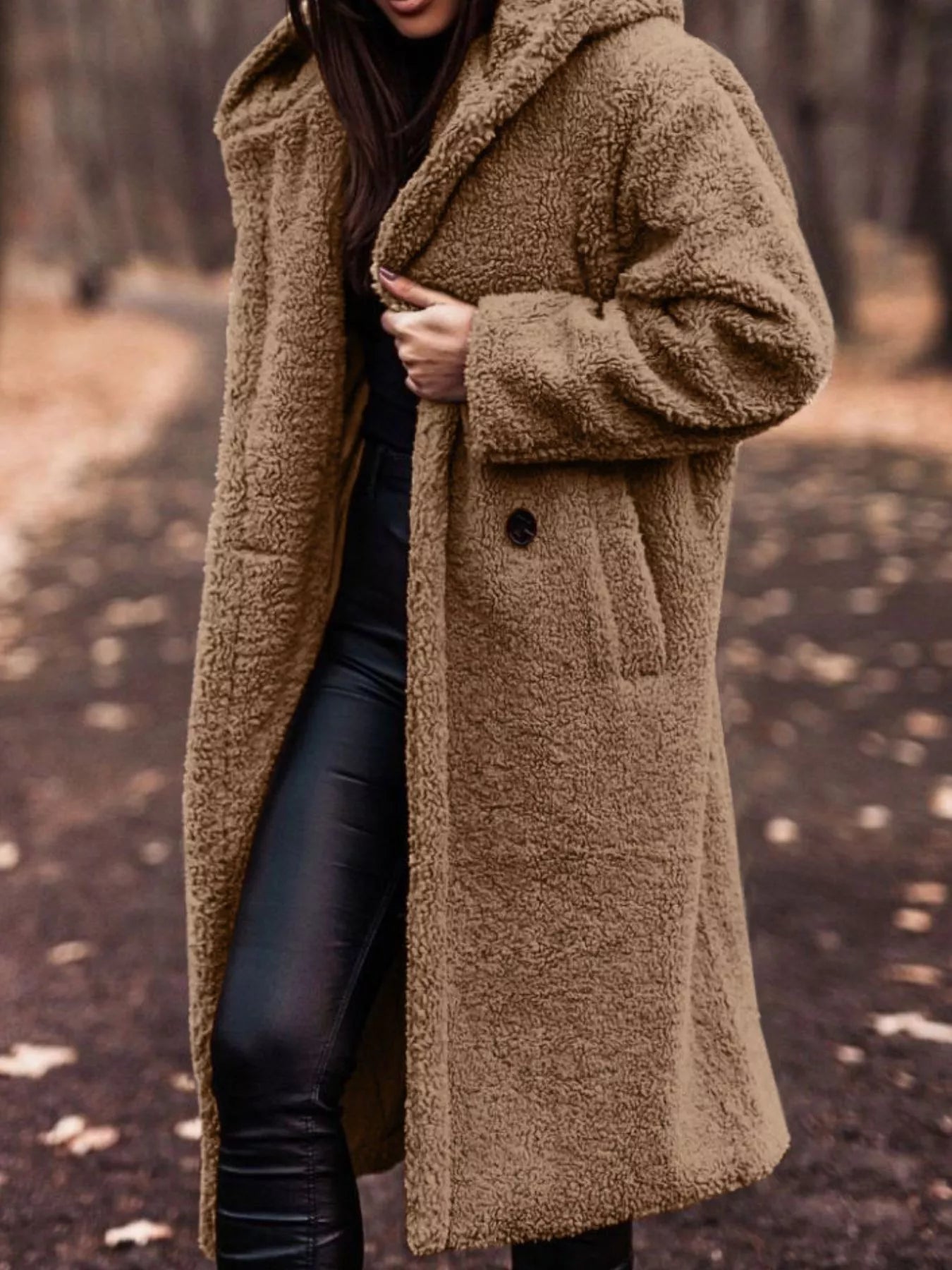 Teddy Bear Hooded Longline Outerwear in brown, cozy style with pockets and button detail, perfect for everyday wear.