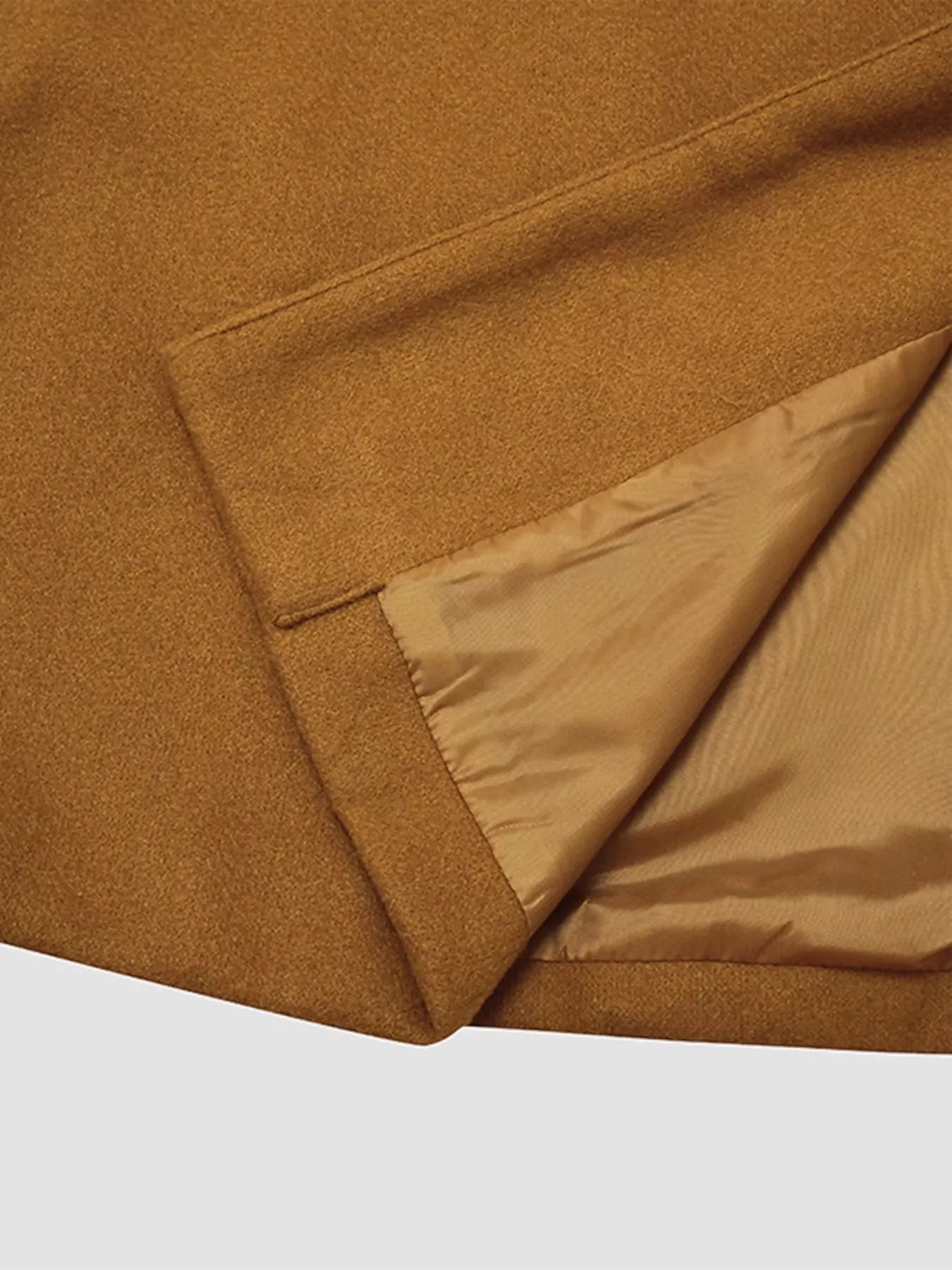 Full Size Single Breasted Long Sleeve Overcoat showing the inside lining and texture in a rich brown color.