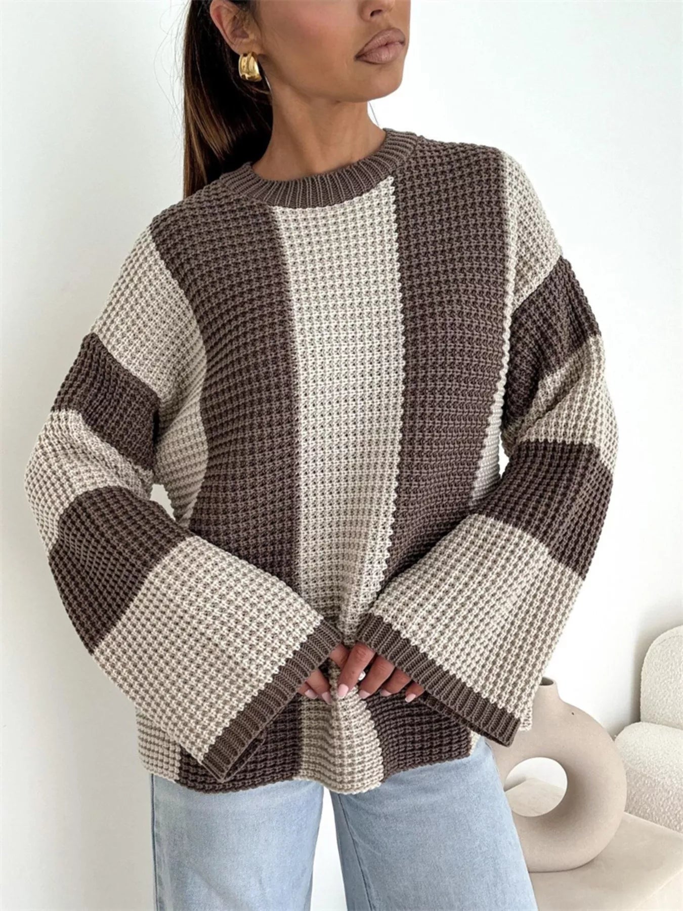Color Block Long Sleeve Sweater in oversized cozy knit style with beige and brown stripes.