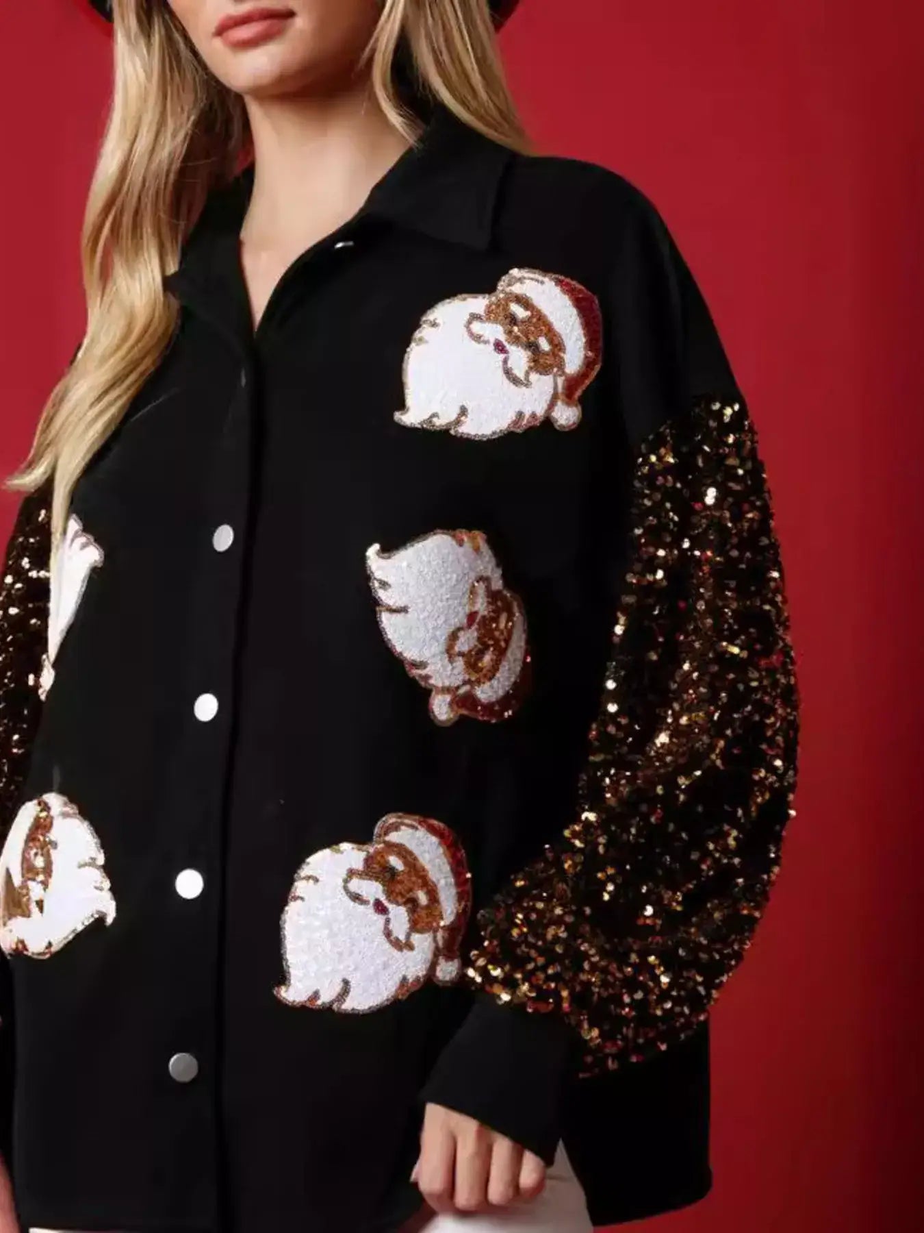 Christmas Santa Sequin Long Sleeve Shirt with sequined Santa graphics and a button-front design for festive holiday style.