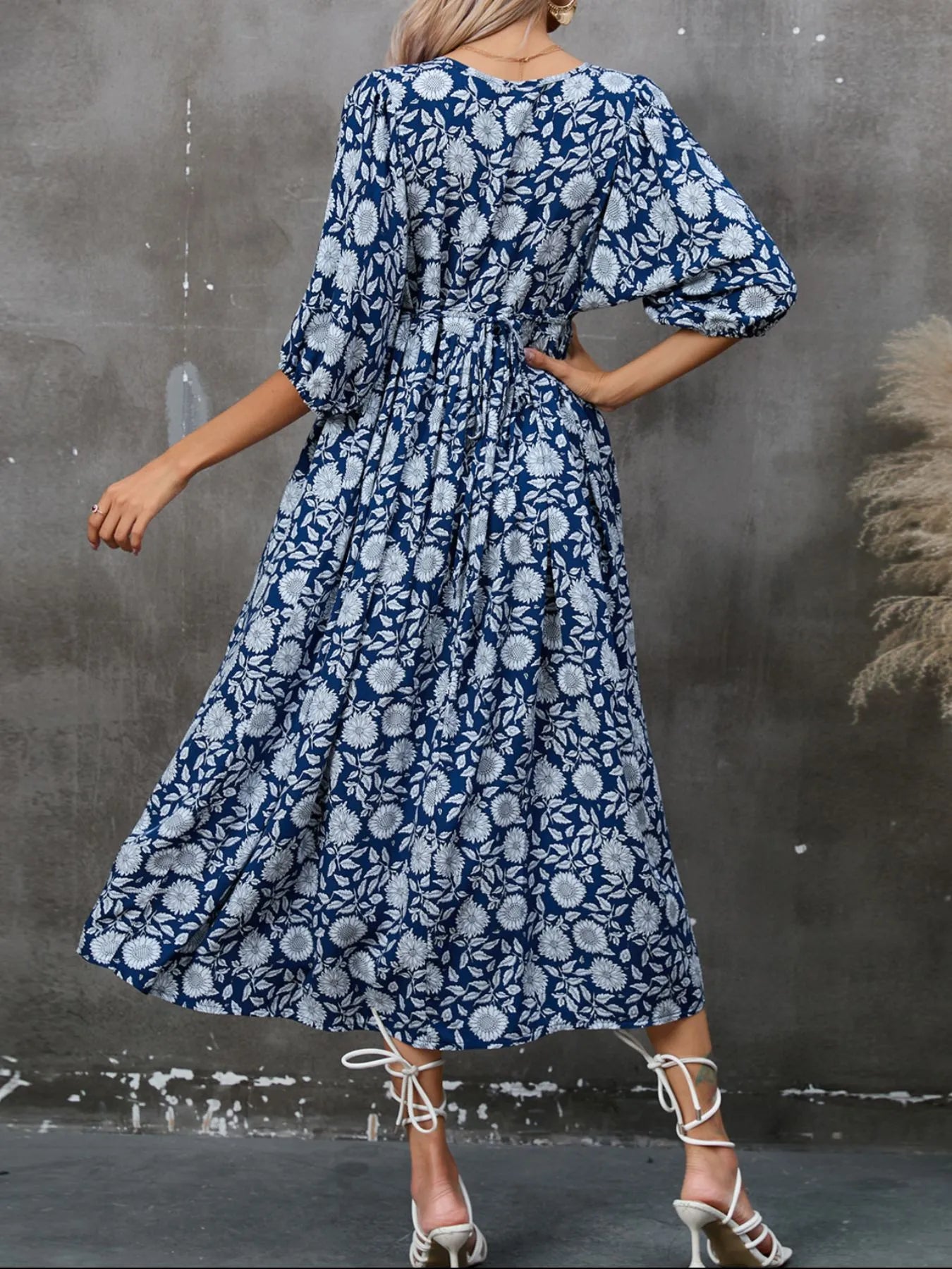 Printed Tie Neck Midi Dress – Elegant ruched cotton style with floral pattern and loose sleeves.
