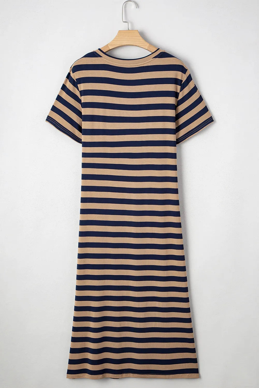 Casual Striped V-Neck Midi T-Shirt Dress: back view showcasing navy and beige stripes on a hanger.