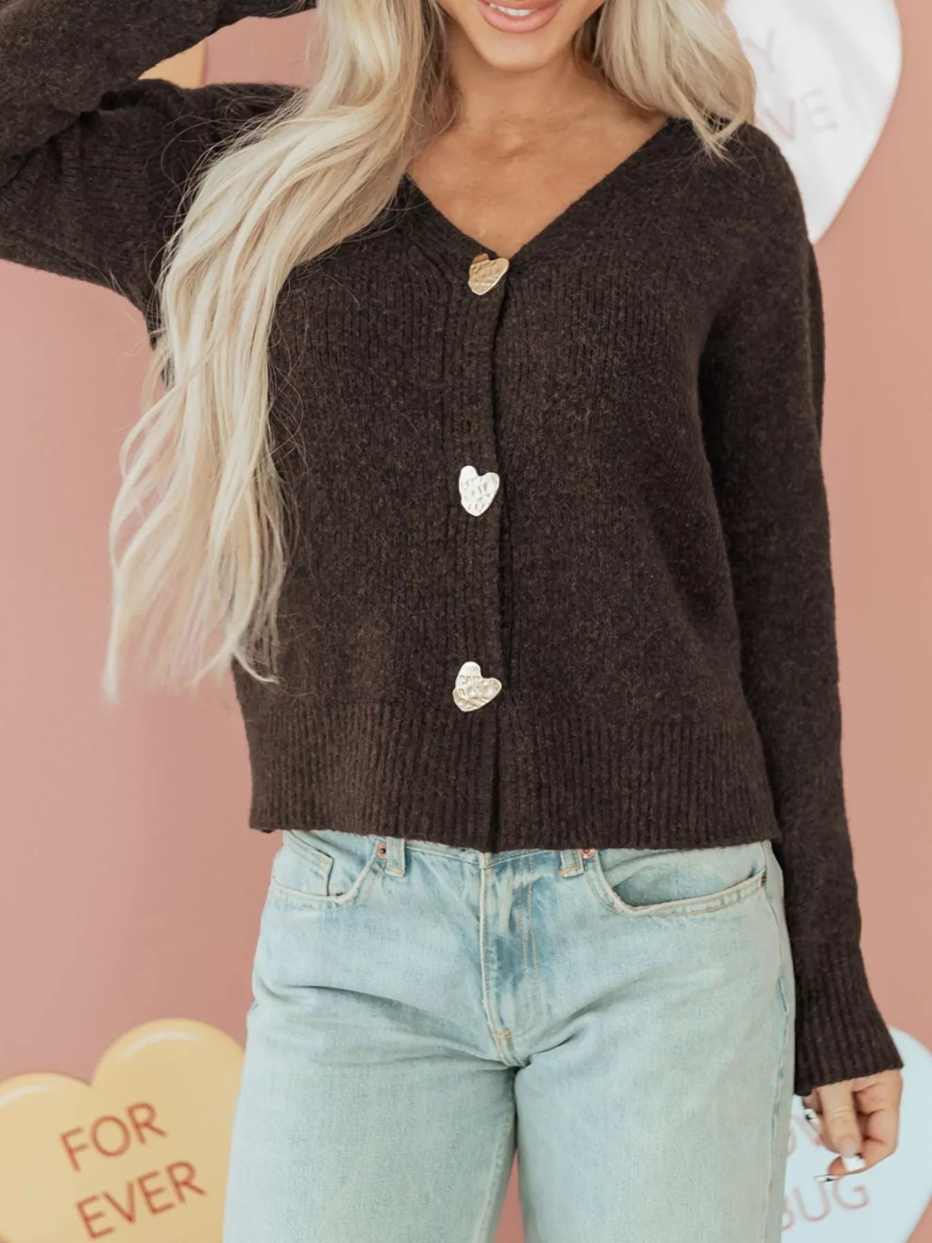Heart Metal Button V Neck Cardigan Sweater for Women, featuring heart-shaped buttons and a relaxed fit.